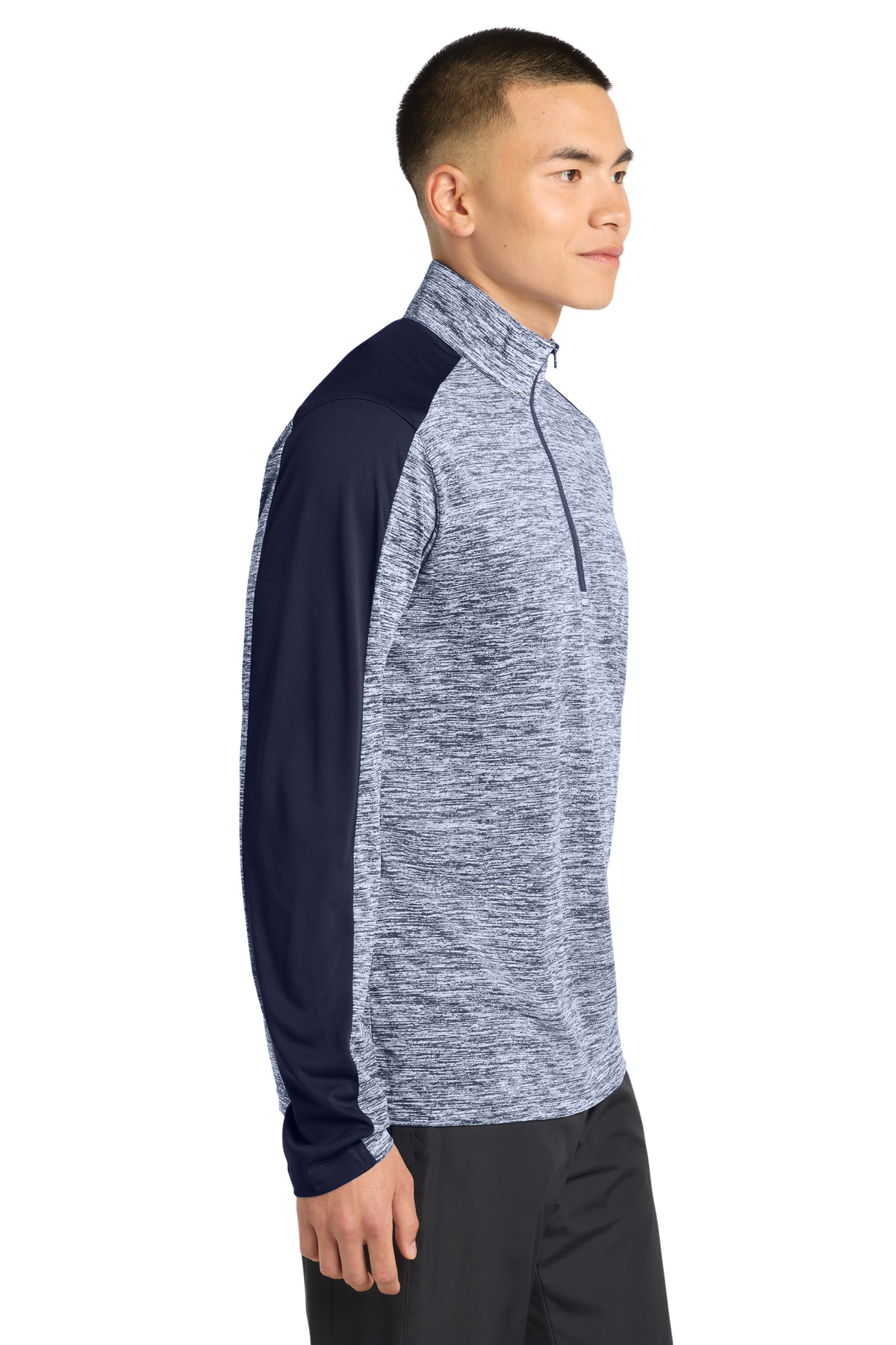 Sport-Tek PosiCharge Electric Heather Colorblock 1/4-Zip Pullover. ST397 in True Navy Electric/ True Navy — Left sleeve