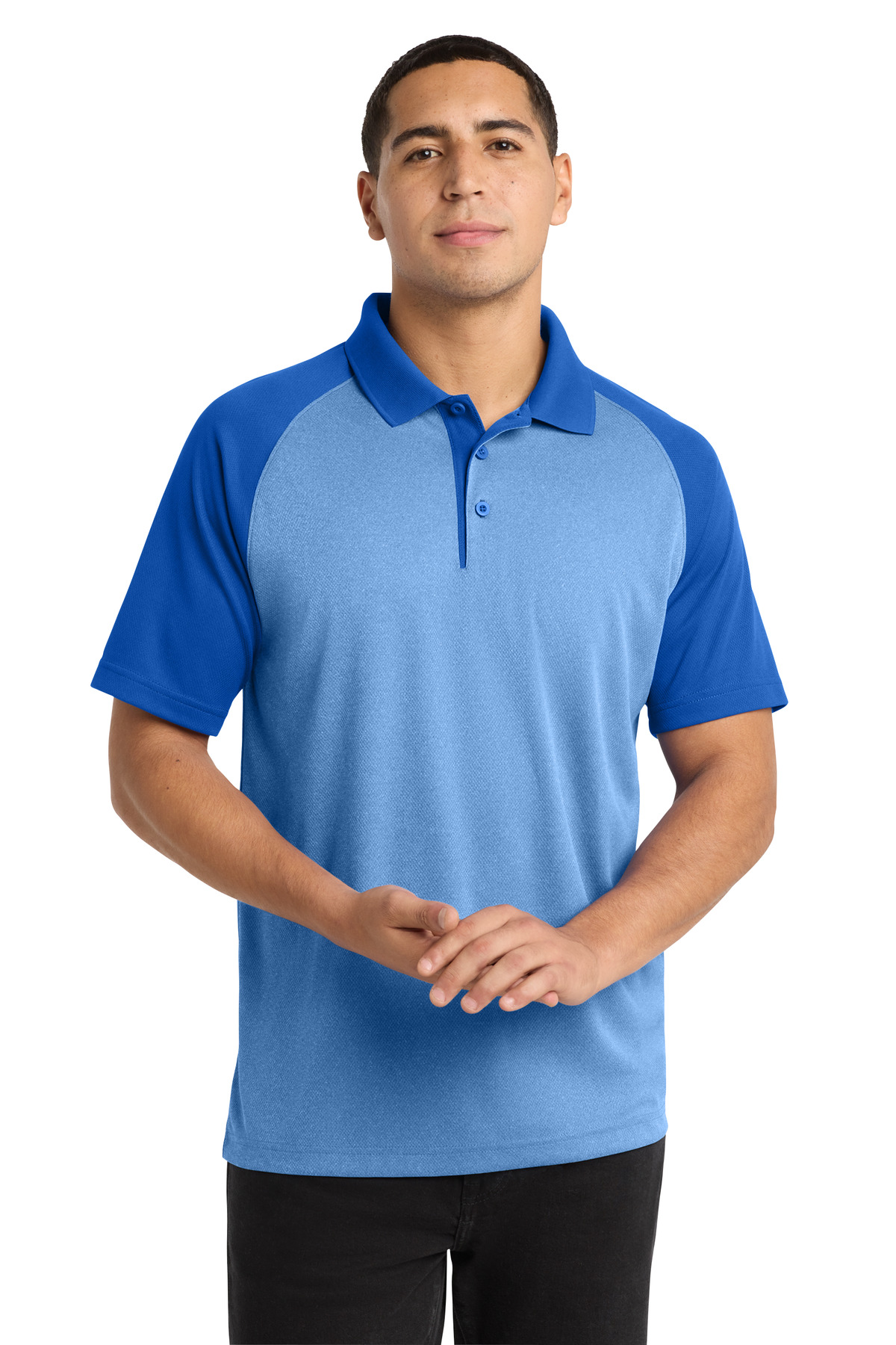 Sport-Tek PosiCharge RacerMesh Raglan Heather Block Polo. ST641