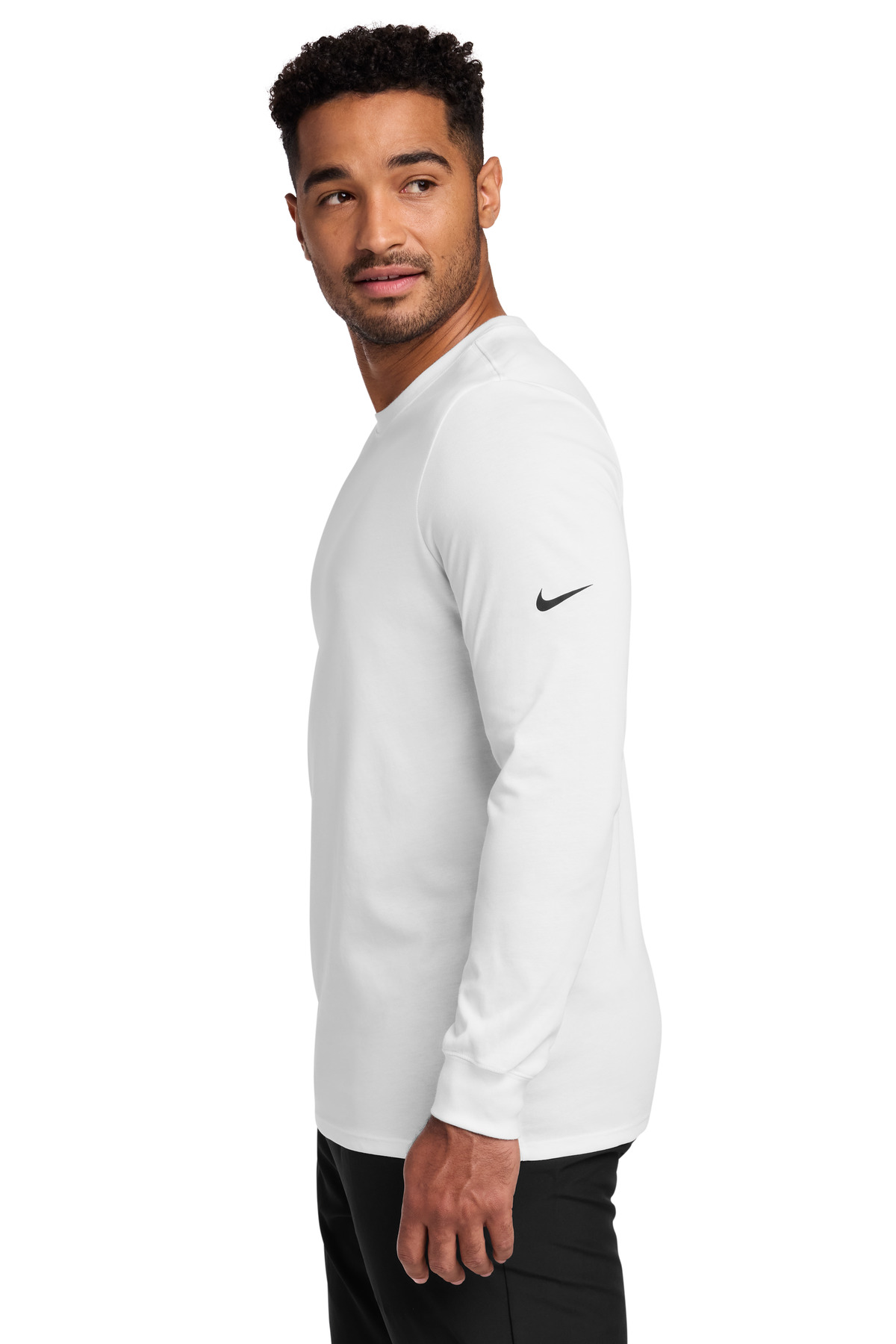 Nike Dri-FIT Cotton/Poly Long Sleeve Tee. NKBQ5230 in White — Left sleeve