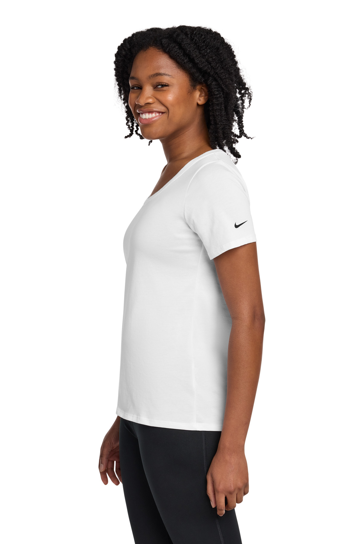 Nike Women's Dri-FIT Cotton/Poly Scoop Neck Tee. NKBQ5234 in White — Left sleeve