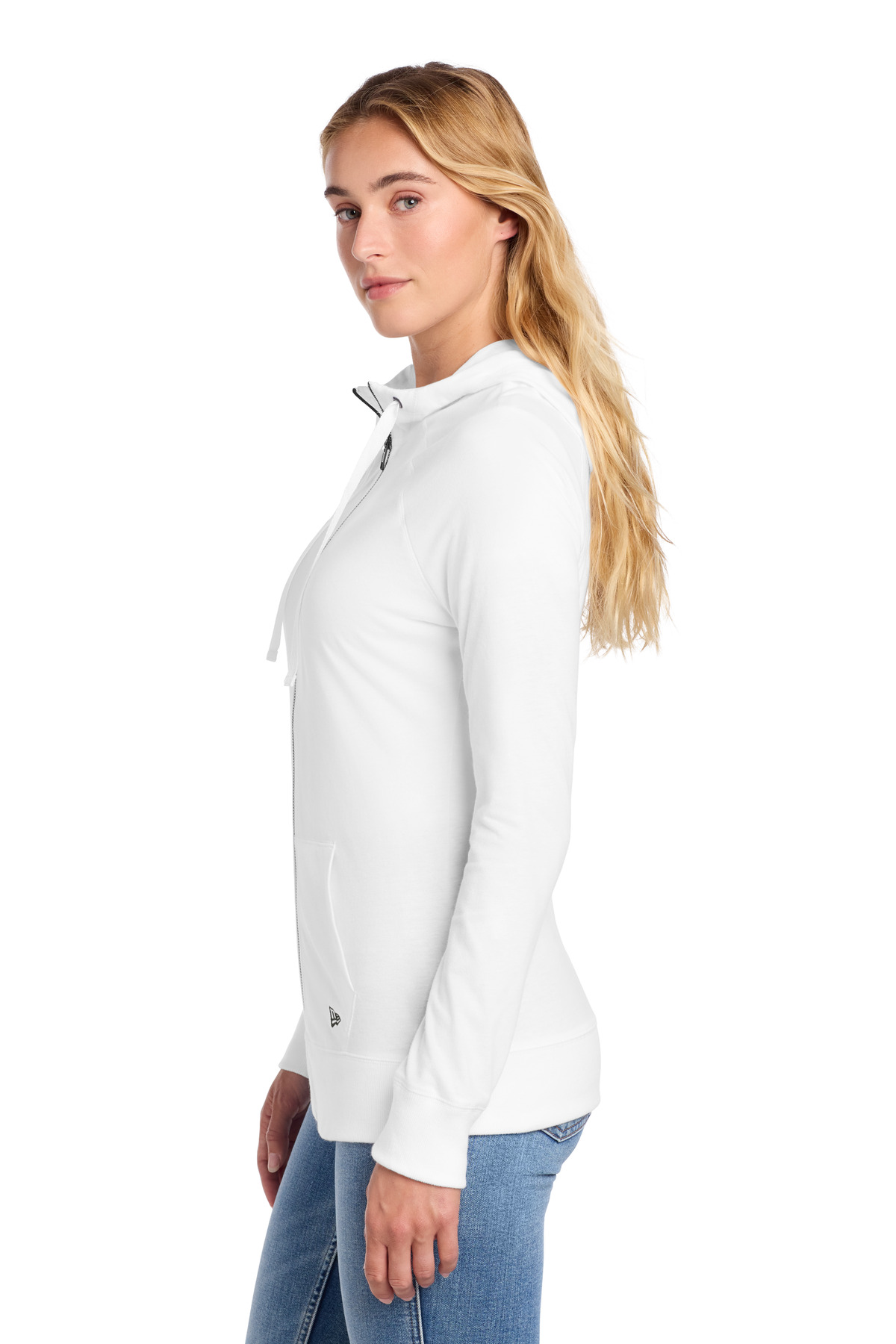 New Era Women's Sueded Cotton Blend Full-Zip Hoodie. LNEA122 in White — Left sleeve