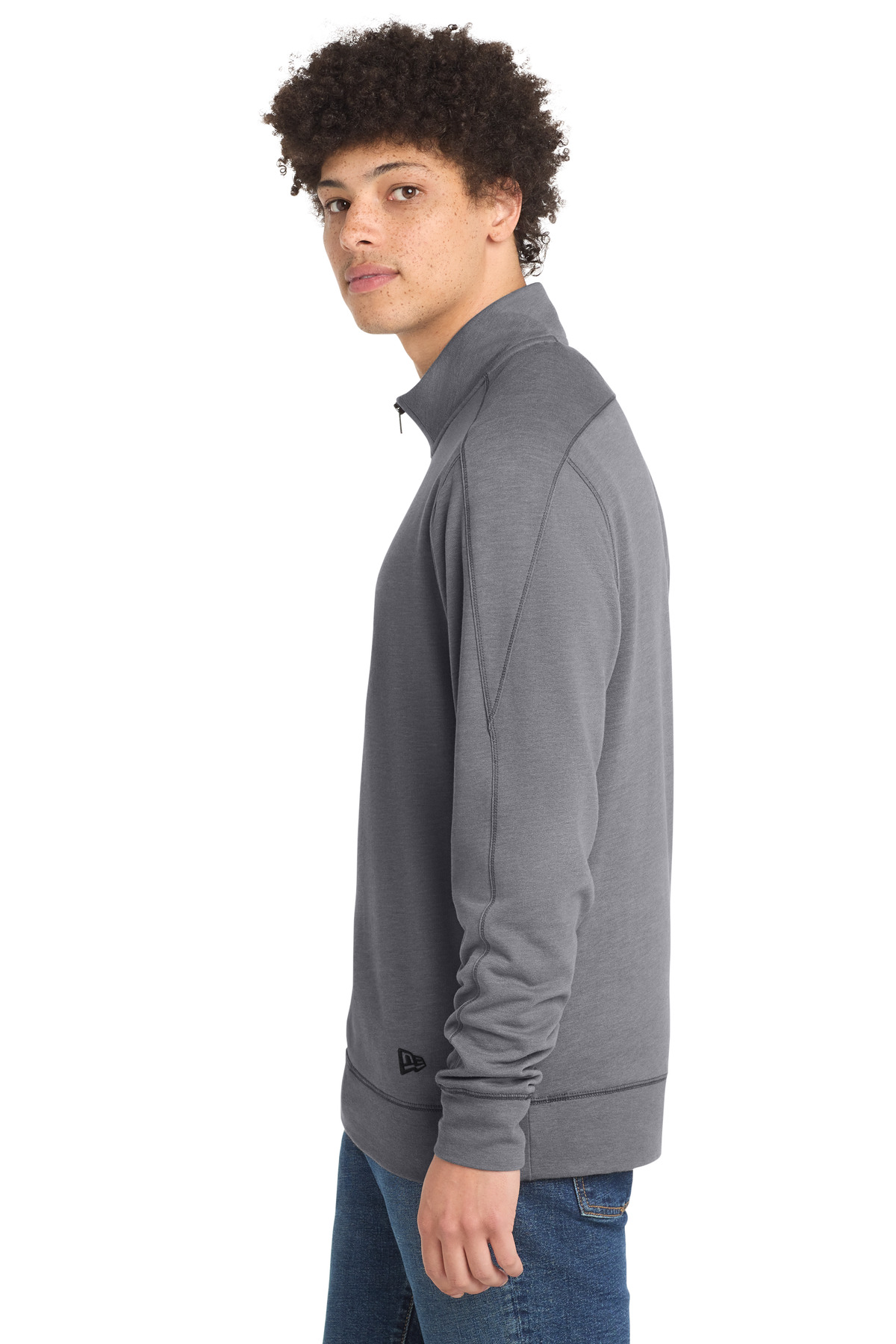 New Era Tri-Blend Fleece 1/4-Zip Pullover. NEA512 in Shadow Grey Heather — Left sleeve