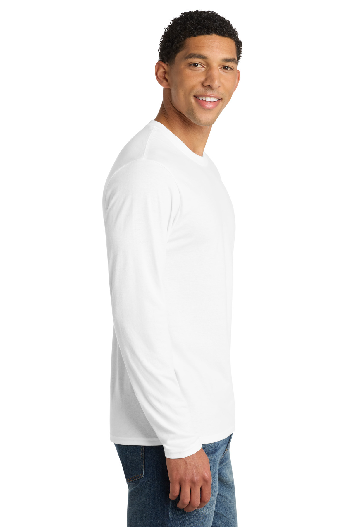 Port & Co Long Sleeve Fan Favorite Blend Tee. PC455LS in White — Left sleeve