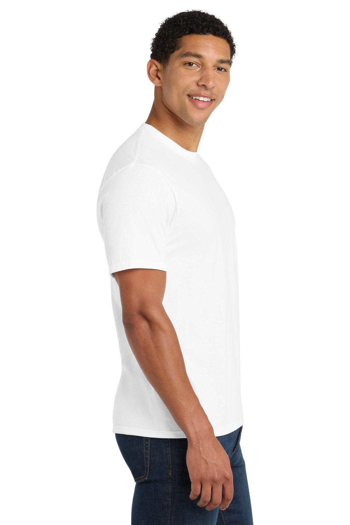 Port & Co Fan Favorite Blend Tee. PC455 in White — Left sleeve