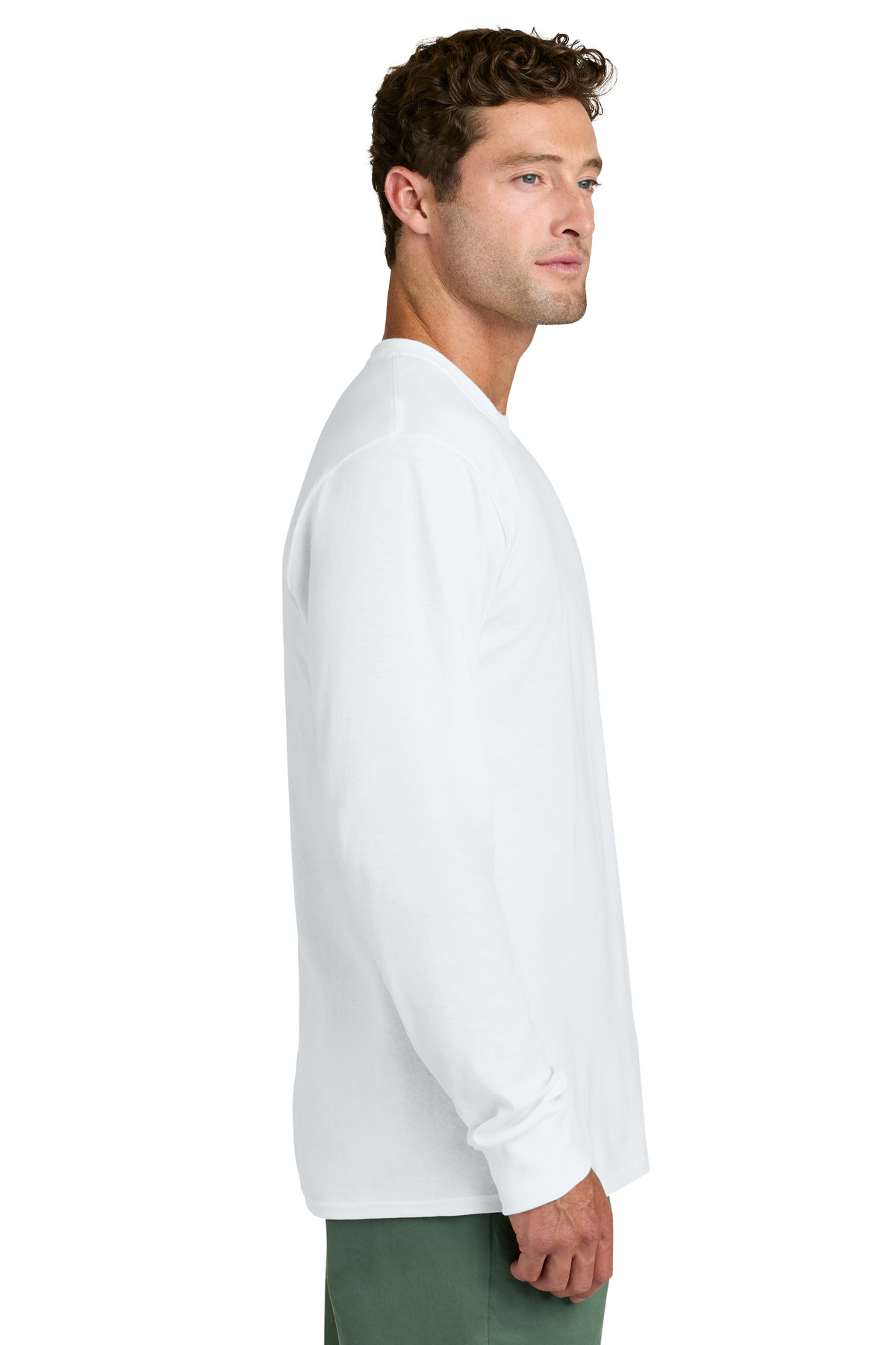 Port & Co Long Sleeve Core Cotton Tee. PC54LS in White — Left sleeve