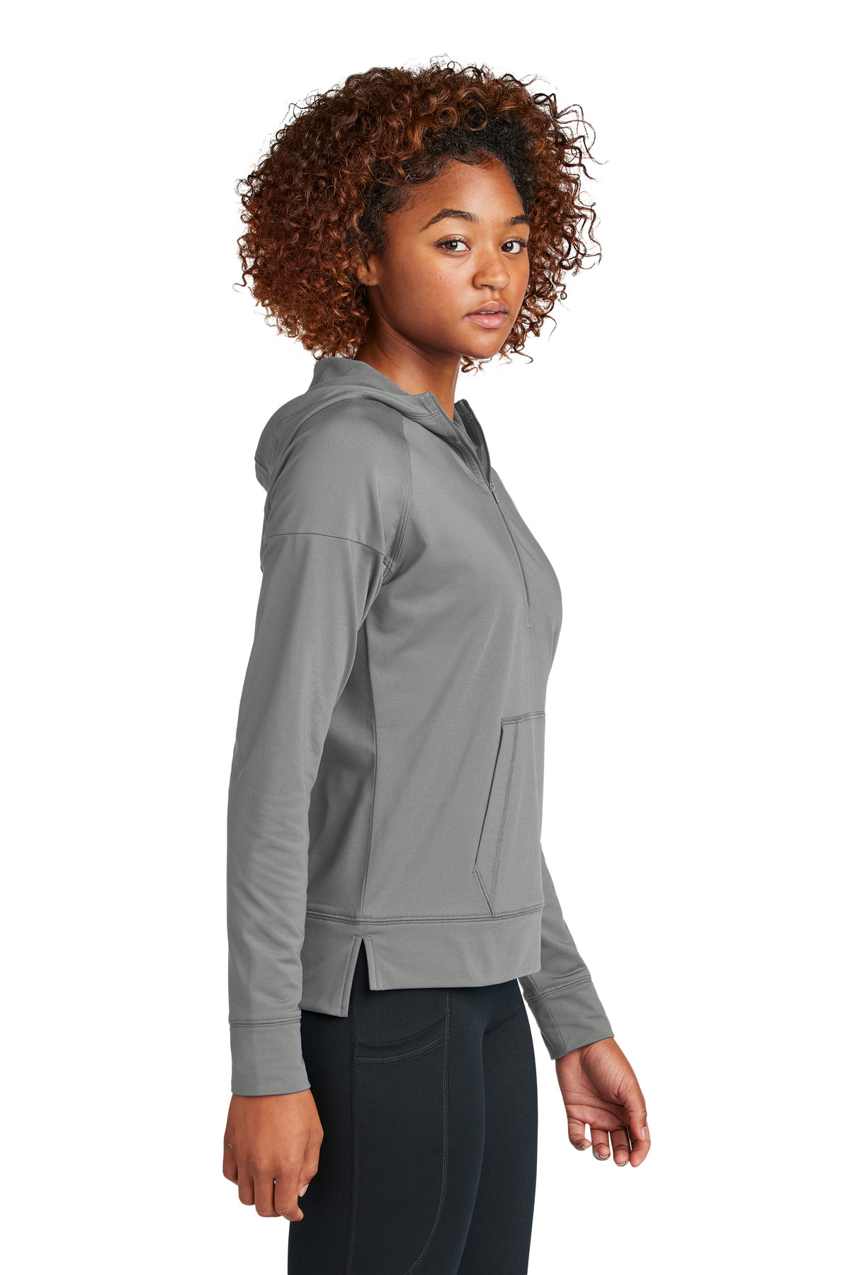 Sport-Tek Women's Sport-Wick Stretch 1/2-Zip Hoodie LST856 in Charcoal Grey — Left sleeve