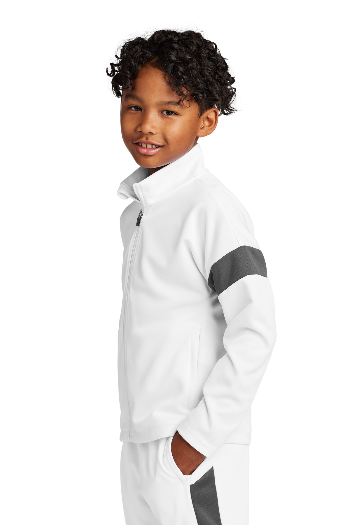 Sport-Tek Youth Travel Full-Zip Jacket YST800 in White/ Iron Grey — Left sleeve