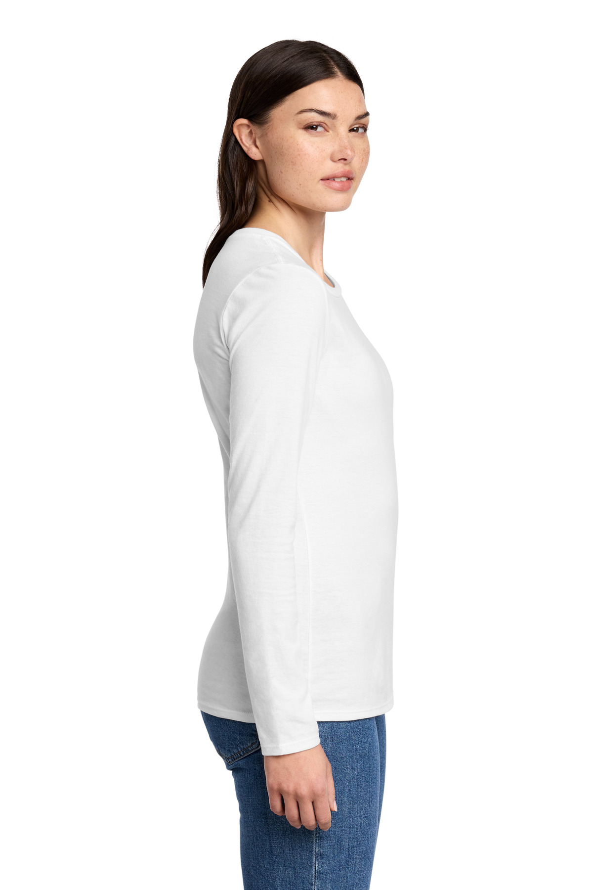 District Women's Perfect Blend CVC Long Sleeve Tee DT110 in White — Left sleeve