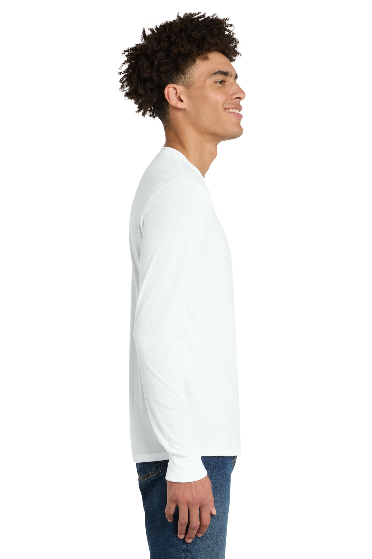 District Perfect Tri Long Sleeve Tee . DM132 in White — Left sleeve