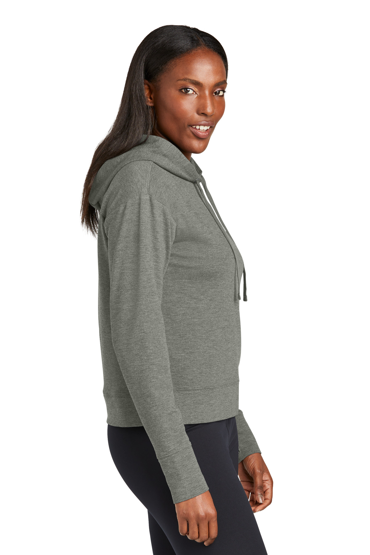 Sport-Tek Women's Sport-Wick Flex Fleece Pullover Hoodie LST562 in Light Grey Heather — Left sleeve