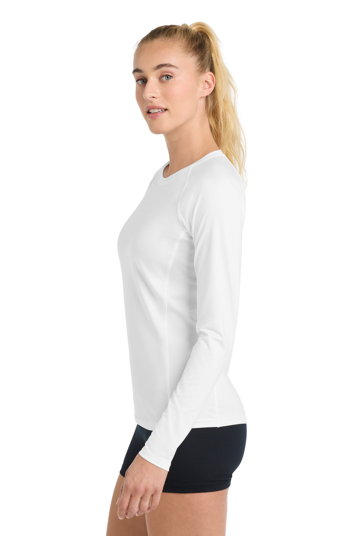 Sport-Tek Women's Long Sleeve Rashguard Tee. LST470LS in White — Left sleeve