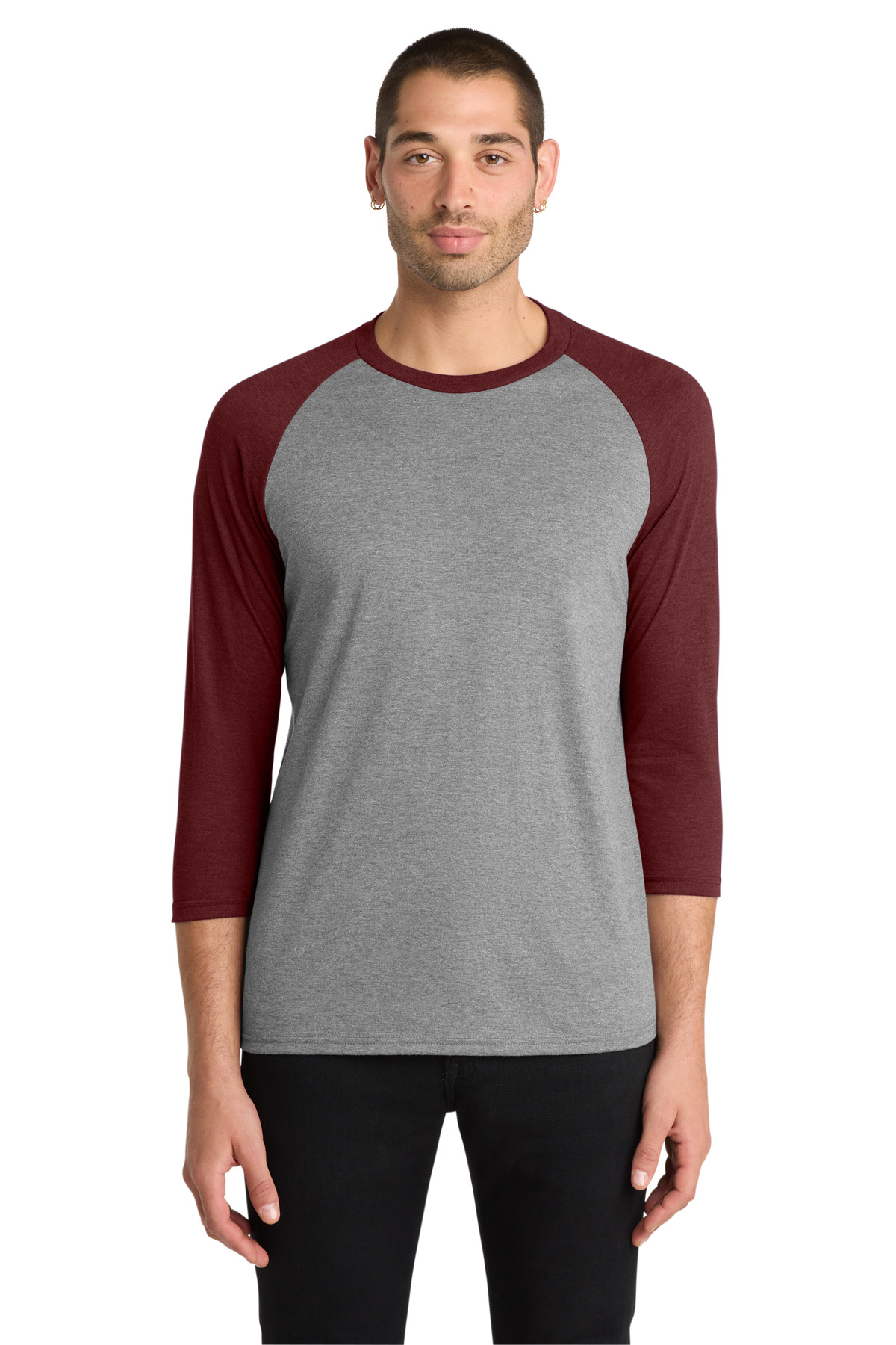 District ® Perfect Tri ® 3/4-Sleeve Raglan. DM136 - Maroon Frost/ Grey Frost