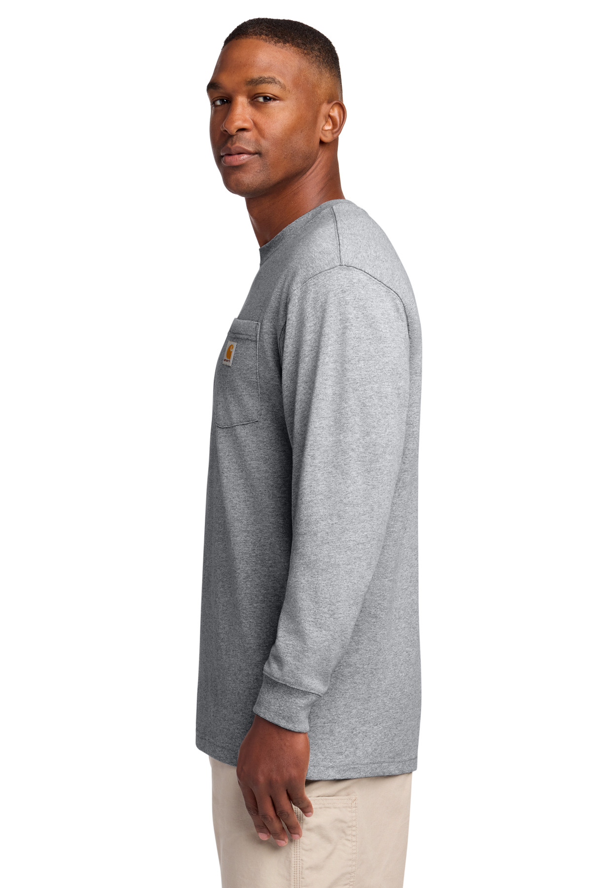 Carhartt Workwear Pocket Long Sleeve T-Shirt. CTK126 in Heather Grey — Left sleeve
