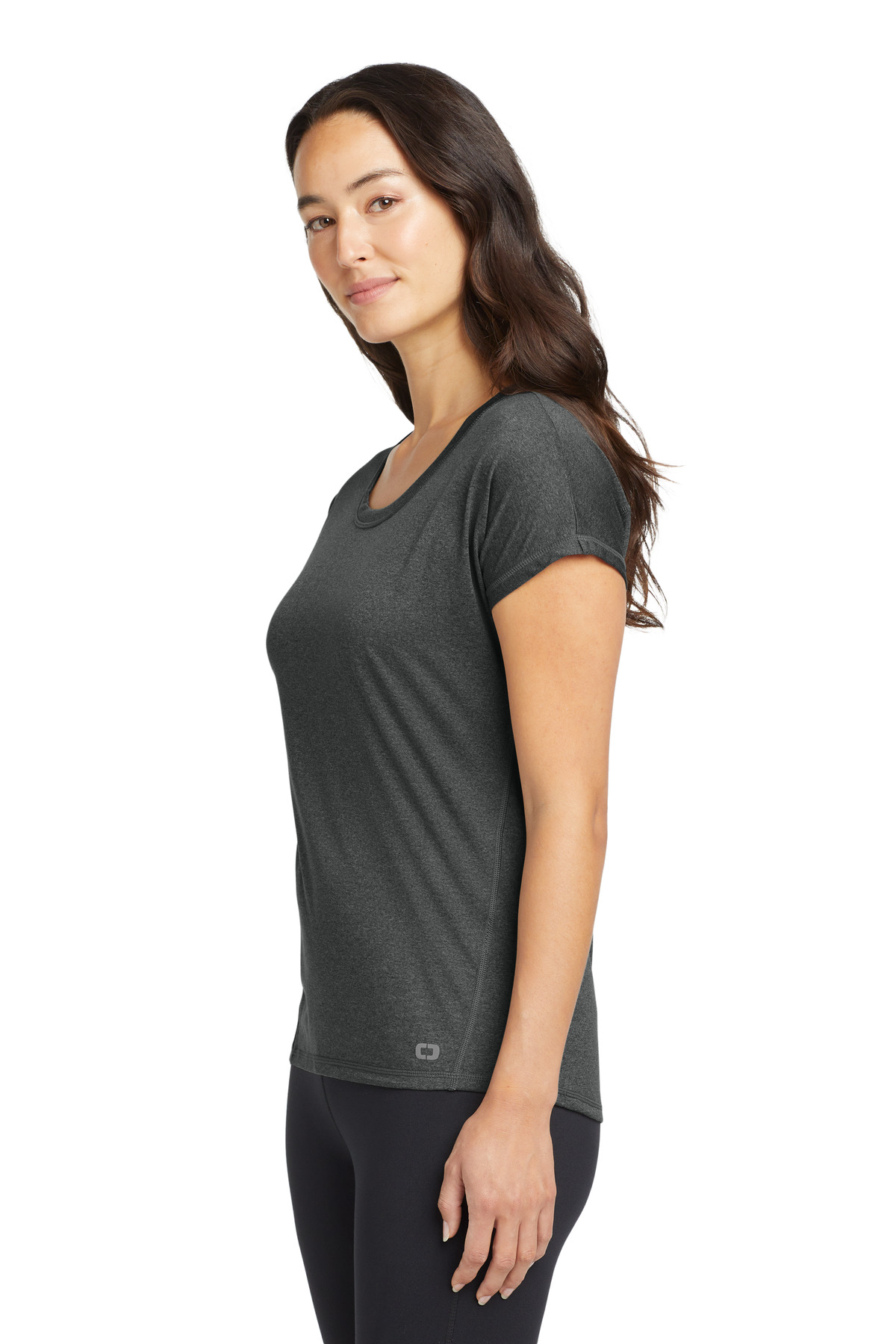 OGIO Women's Pulse Dolman Tee LOE324 in Gear Grey — Left sleeve