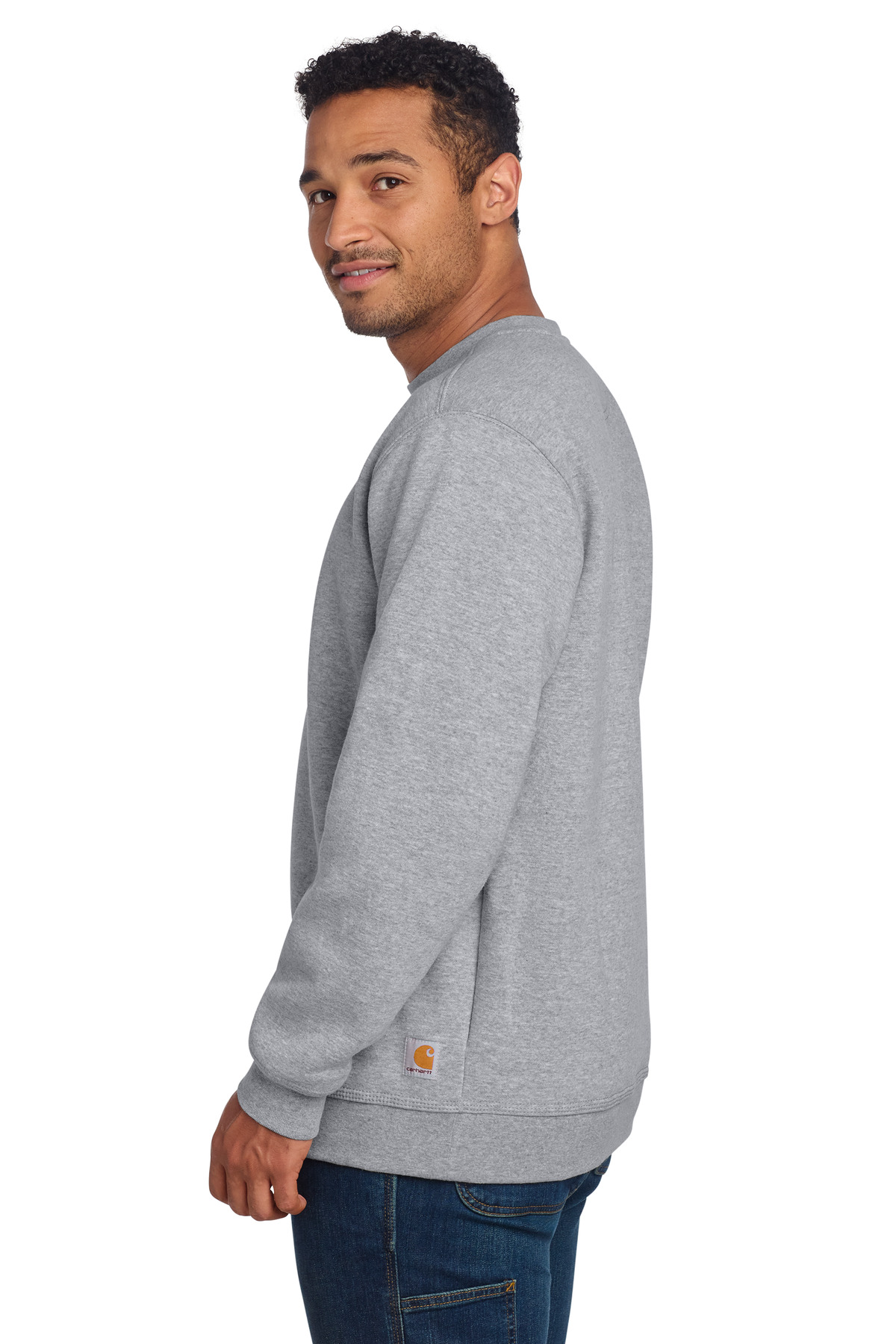 Carhartt Midweight Crewneck Sweatshirt. CTK124 in Heather Grey — Left sleeve