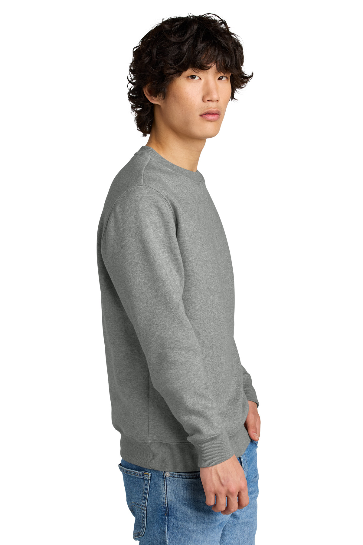 District Perfect Weight Fleece Crew DT1106 in Heathered Steel — Left sleeve