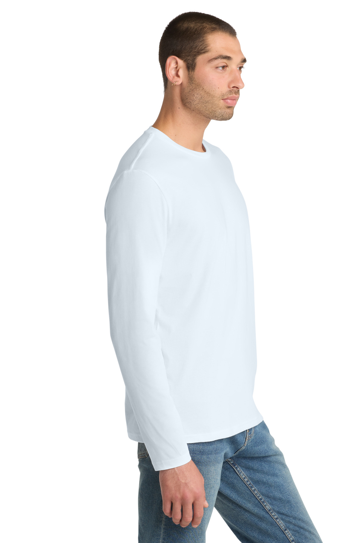 District Perfect Weight Long Sleeve Tee. DT105 in Bright White — Left sleeve