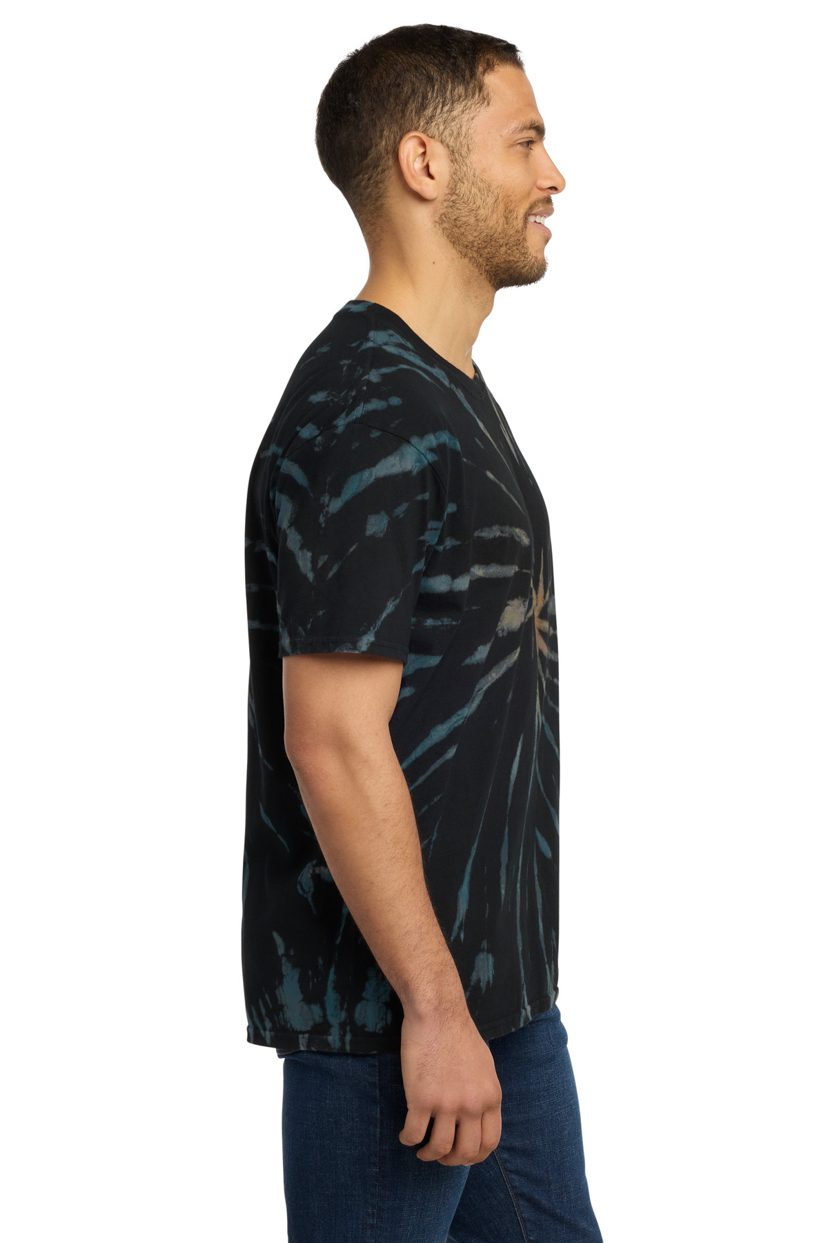 Port & Co Tie-Dye Tee. PC147 in Black Galaxy Spiral — Left sleeve