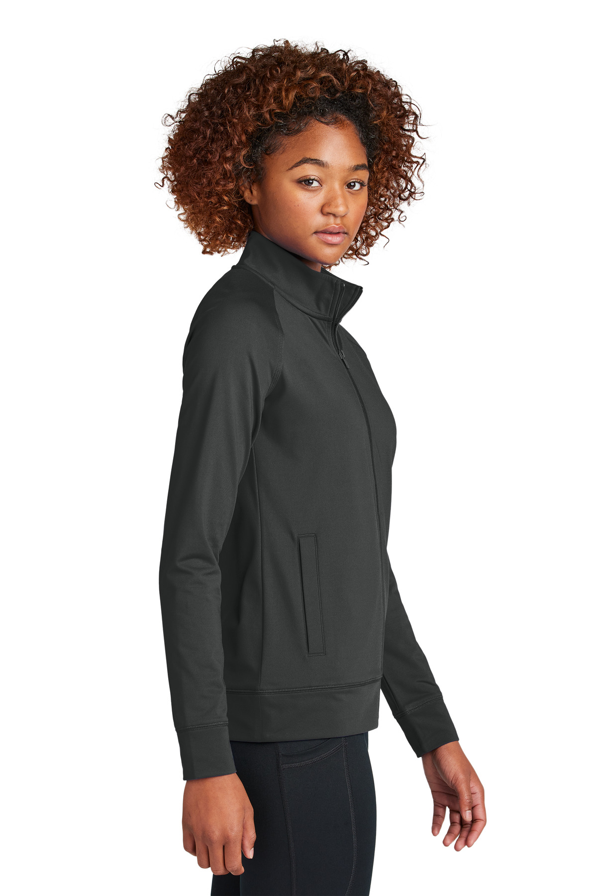 Sport-Tek Women's Sport-Wick Stretch Full-Zip Cadet Jacket LST857 in Charcoal Grey — Left sleeve