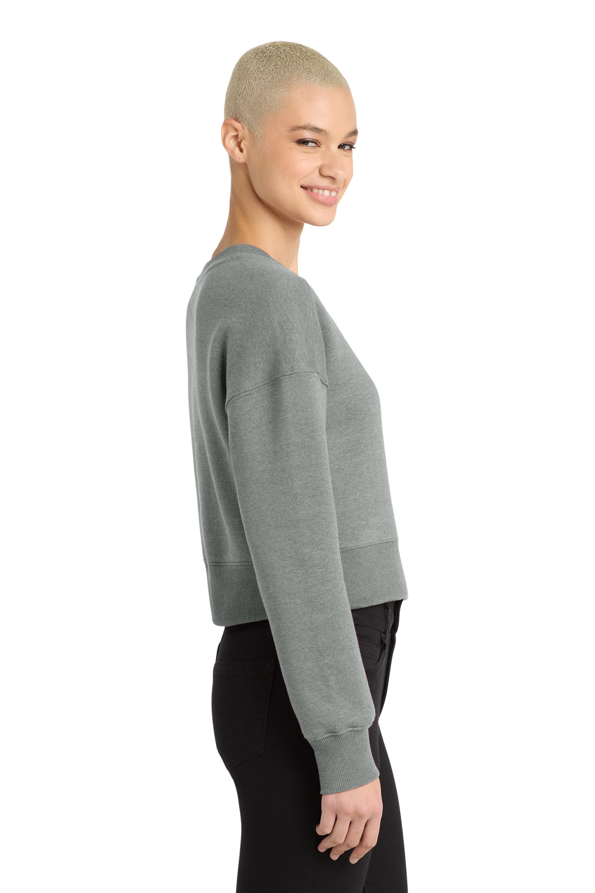 District Women's Perfect Weight Fleece Cropped Crew DT1105 in Heathered Steel — Left sleeve