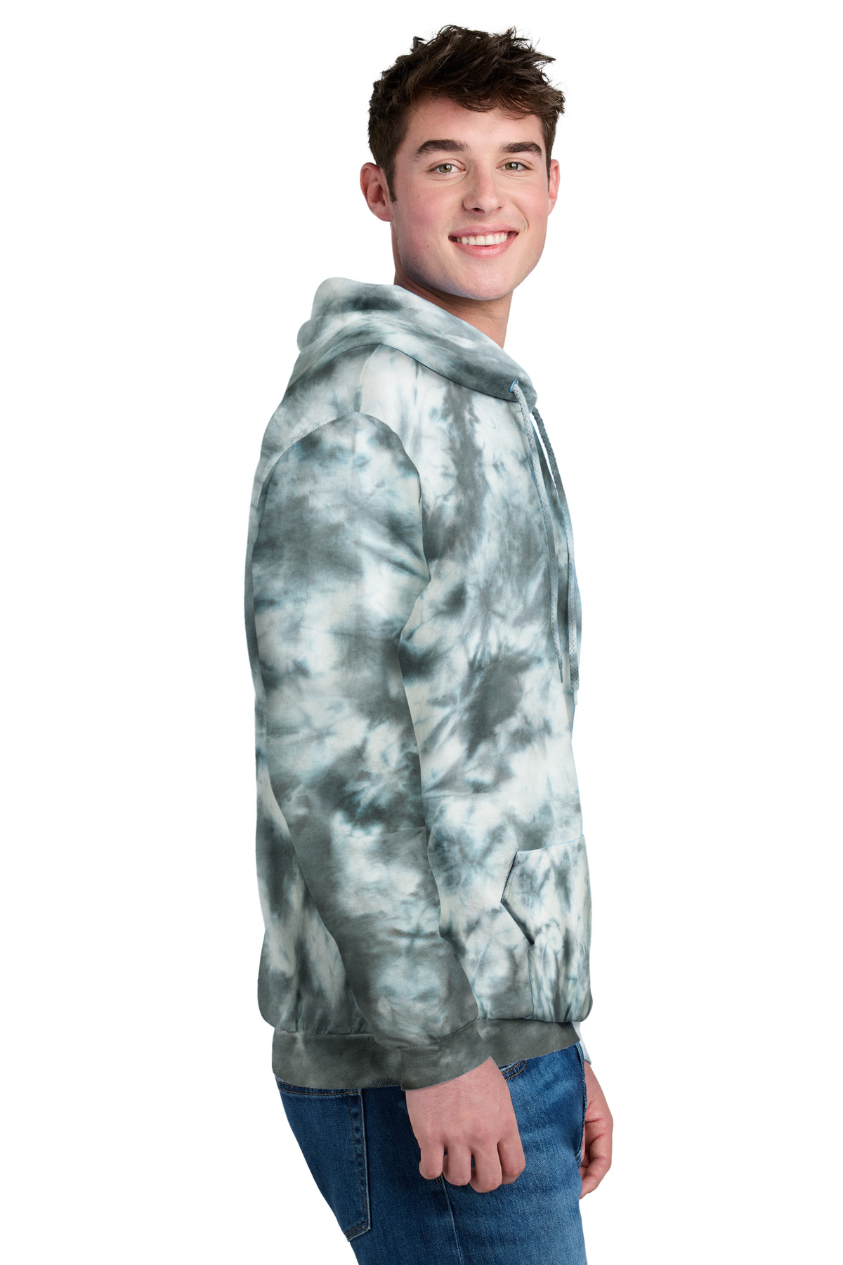 Port & Co Crystal Tie-Dye Pullover Hoodie PC144 in Grey — Left sleeve