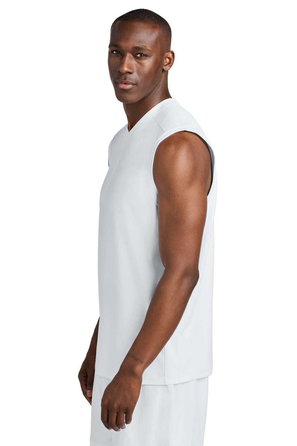 Sport-Tek Club Sleeveless V-Neck ST441 in White/ White — Left sleeve
