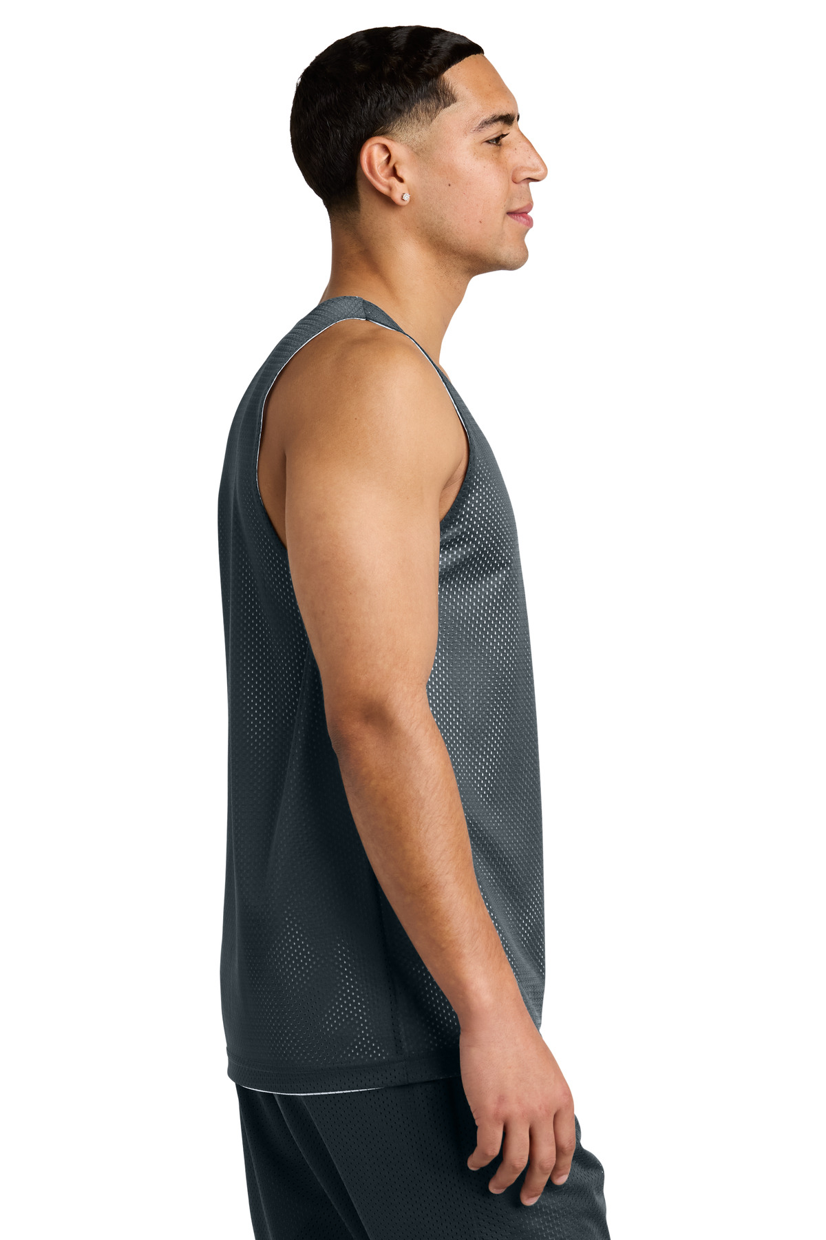 Sport-Tek PosiCharge Reversible Mesh Tank ST5000 in Iron Grey/ White — Left sleeve