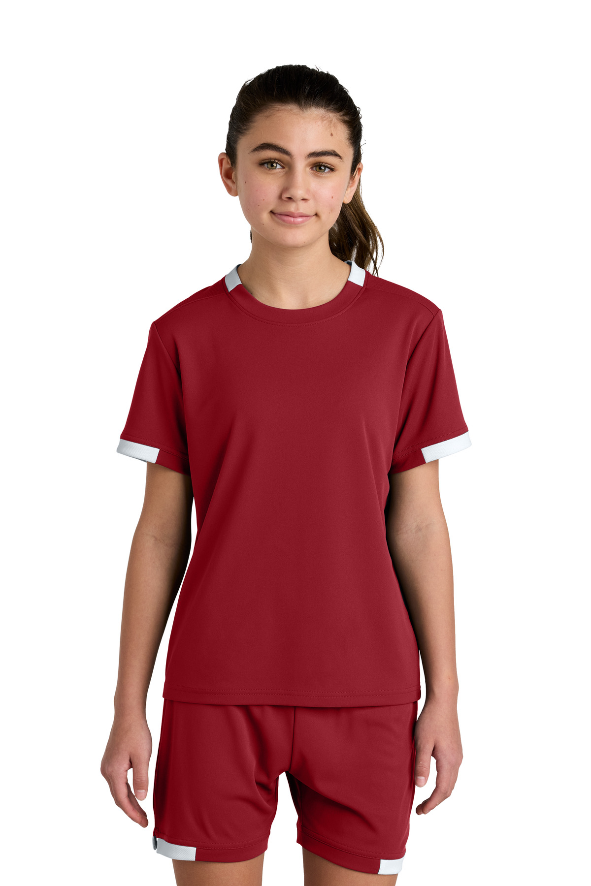 Sport-Tek ® Youth Club Short Sleeve Crew YST440 - Deep Red/ White
