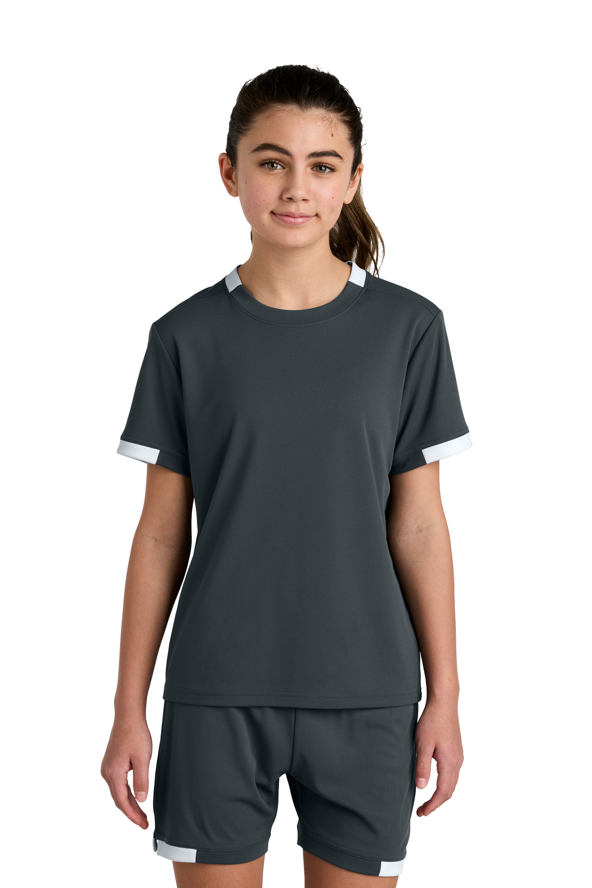 Sport-Tek ® Youth Club Short Sleeve Crew YST440 - Iron Grey/ White