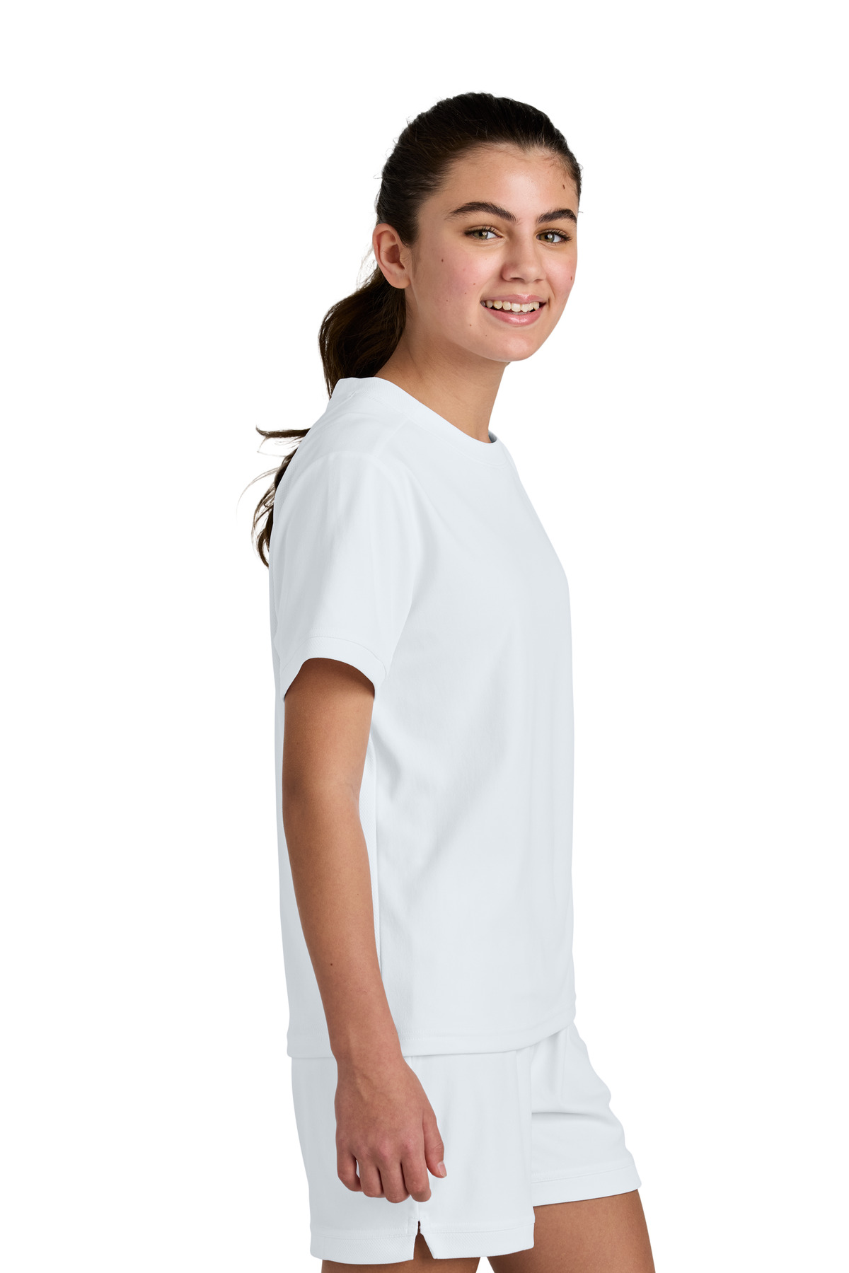 Sport-Tek Youth Club Short Sleeve Crew YST440 in White/ White — Left sleeve