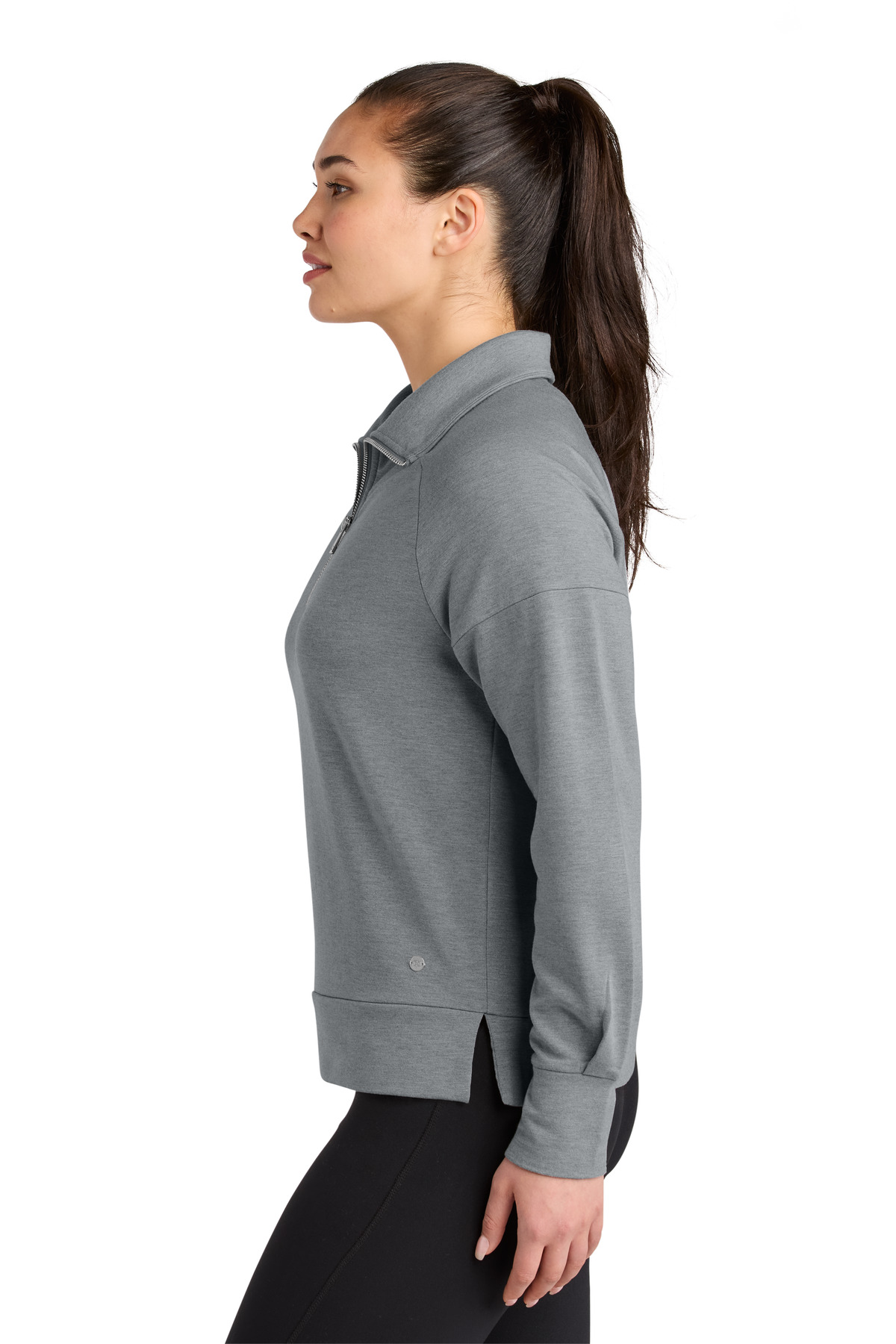 OGIO Women's Luuma 1/2-Zip LOG814 in Petrol Grey Heather — Left sleeve