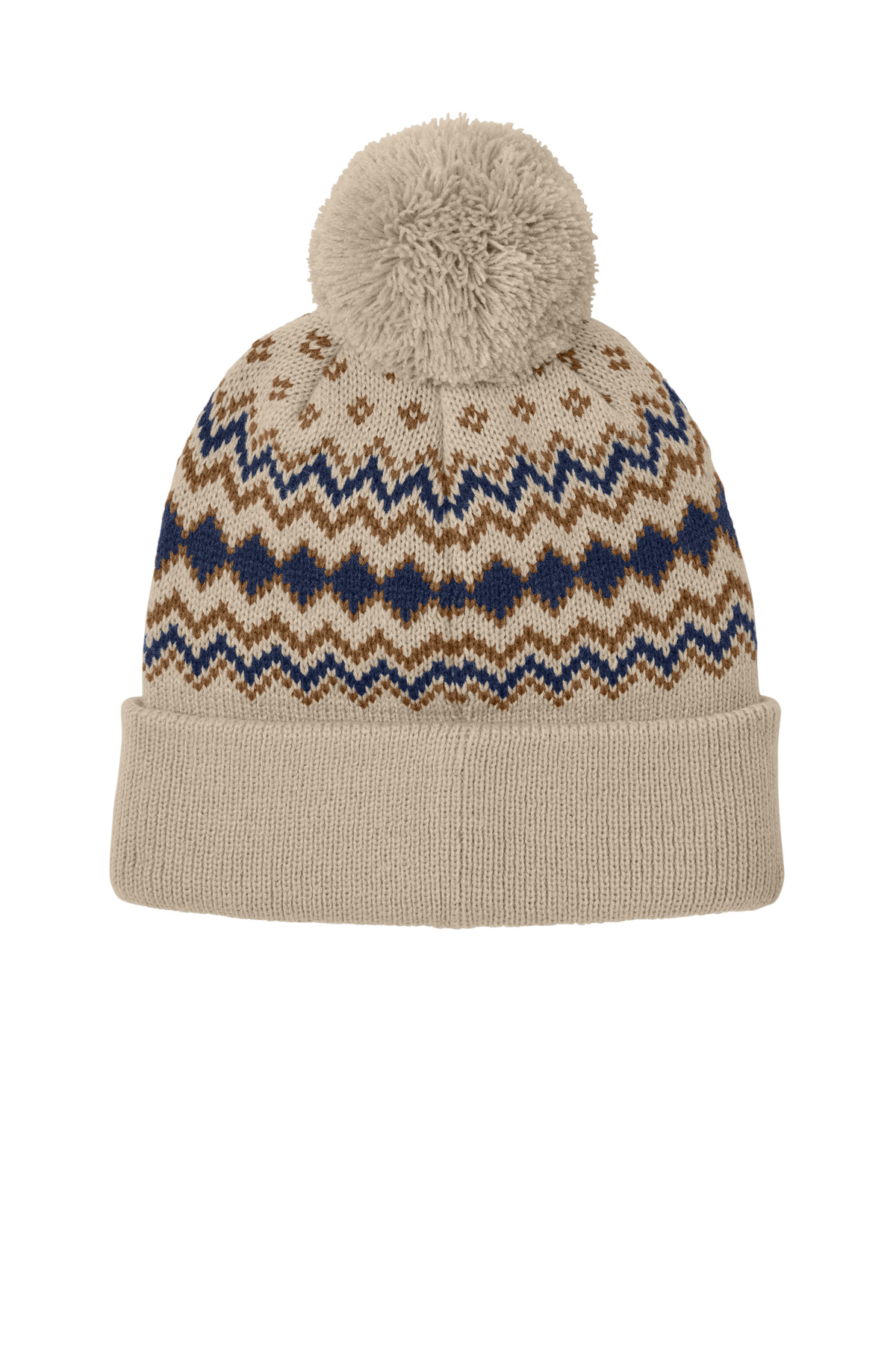 Port Authority Alpine Pom Beanie C991 in Sahara/ True Navy/ Duck Brown — Back