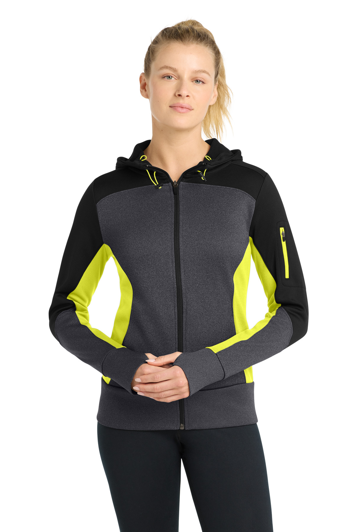 Sport-Tek DISCONTINUED Sport-Tek Women's Tech Fleece Colorblock Full-Zip Hooded Jacket. LST245 in Black/ Graphite Heather/ Citron