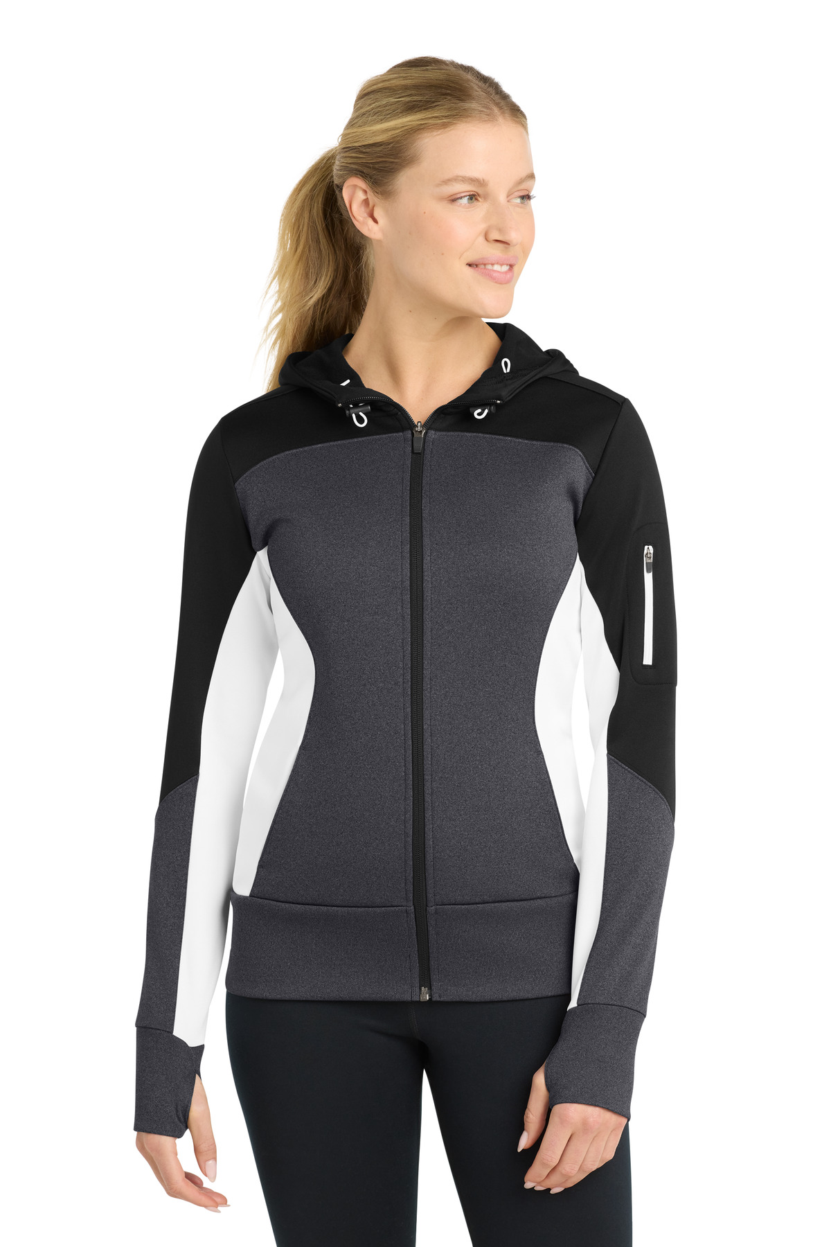 DISCONTINUED Sport-Tek Women's Tech Fleece Colorblock Full-Zip Hooded Jacket. LST245