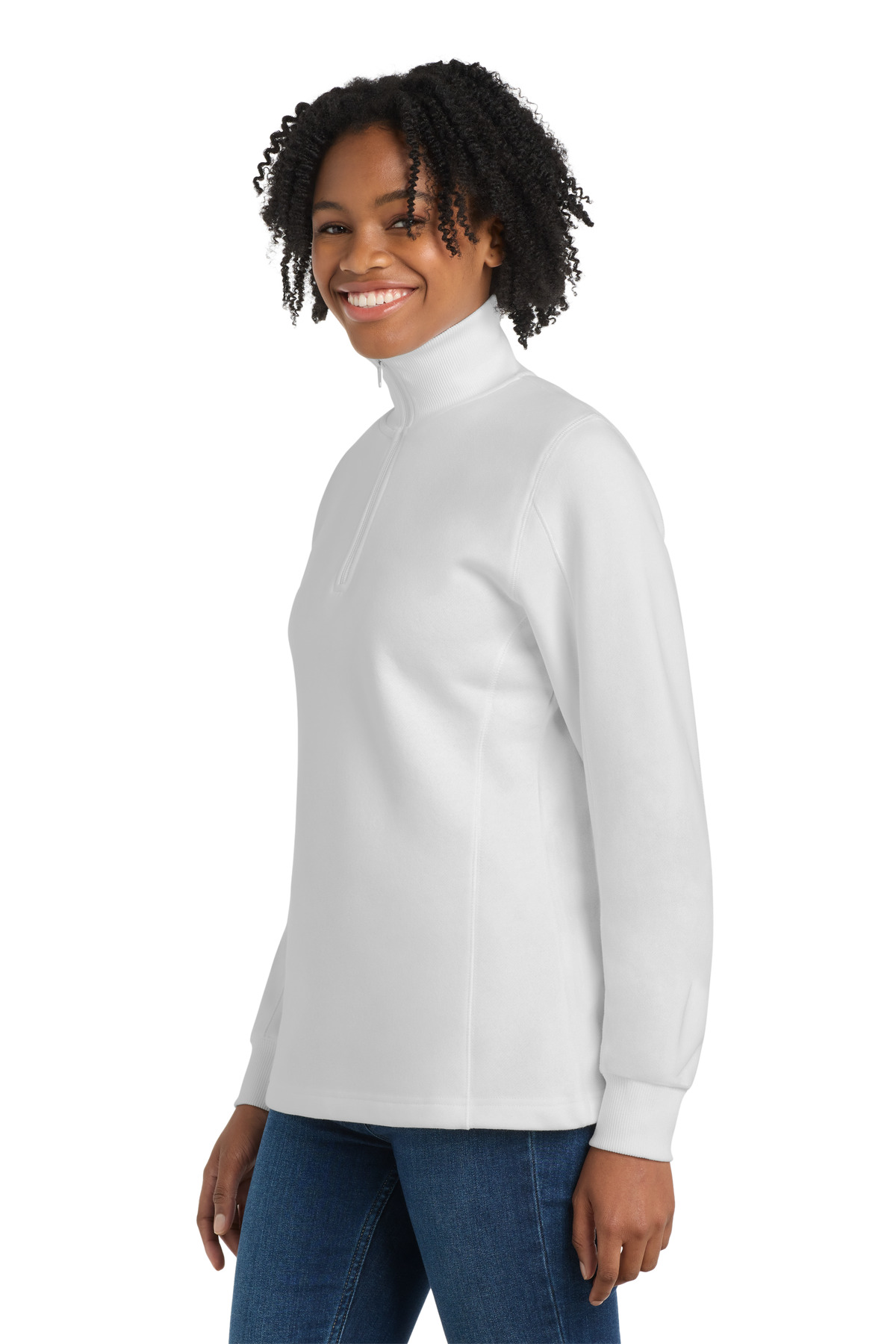 Sport-Tek Women's 1/4-Zip Sweatshirt. LST253 in White — Left sleeve