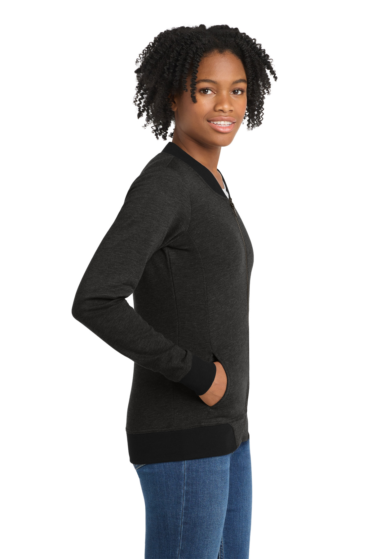 Sport-Tek Women's Lightweight French Terry Bomber LST274 in Heather Black — Left sleeve