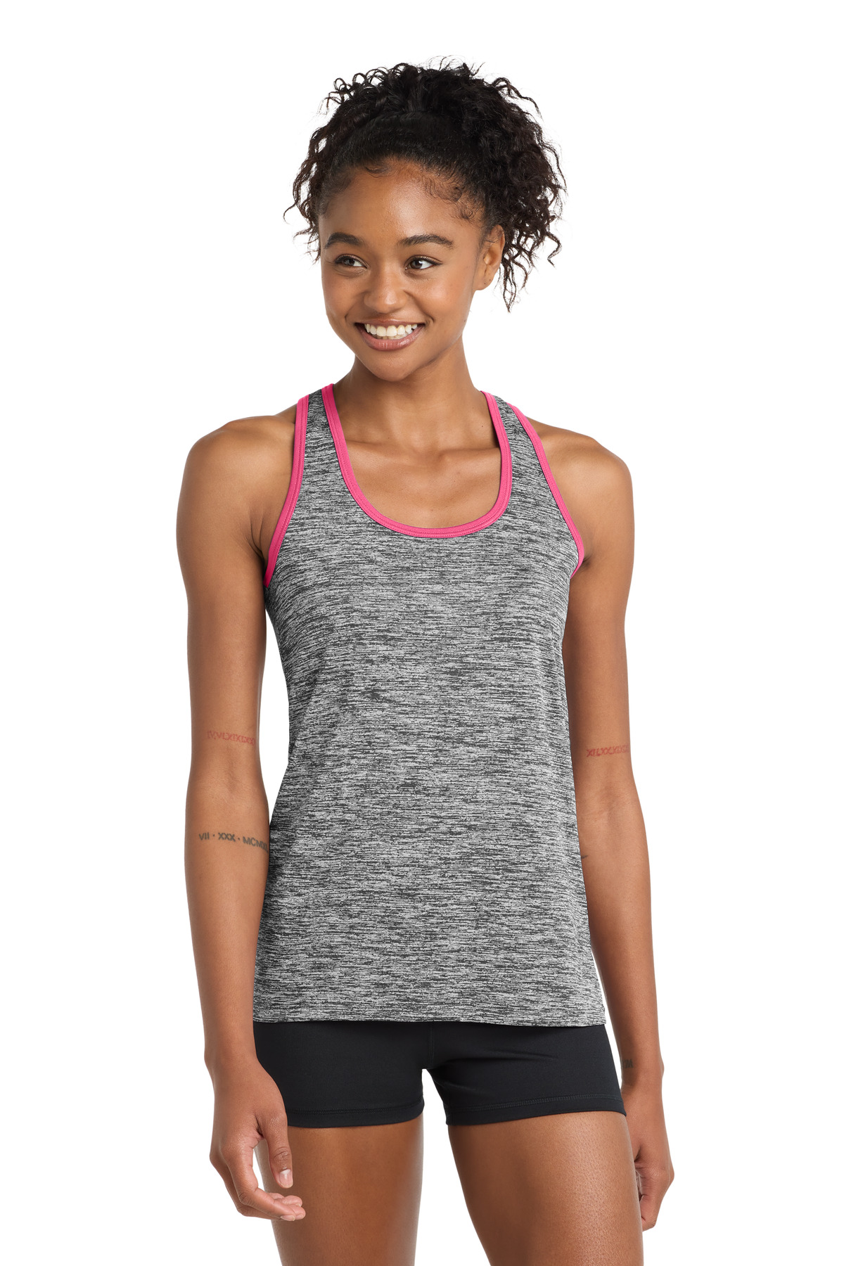 Sport-Tek DISCONTINUED Sport-Tek Women's PosiCharge Electric Heather Racerback Tank. LST396 in Black Electric/ Neon Pink