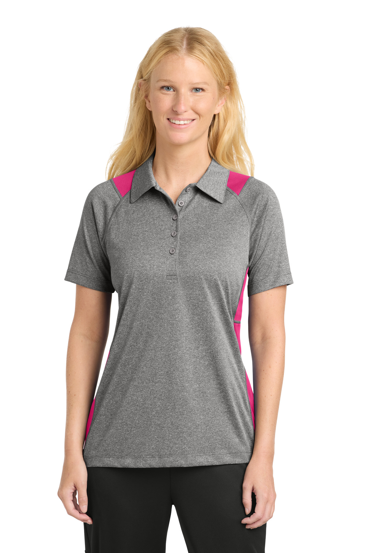Sport-Tek LST665 swatch in Vintage Heather/ Pink Raspberry