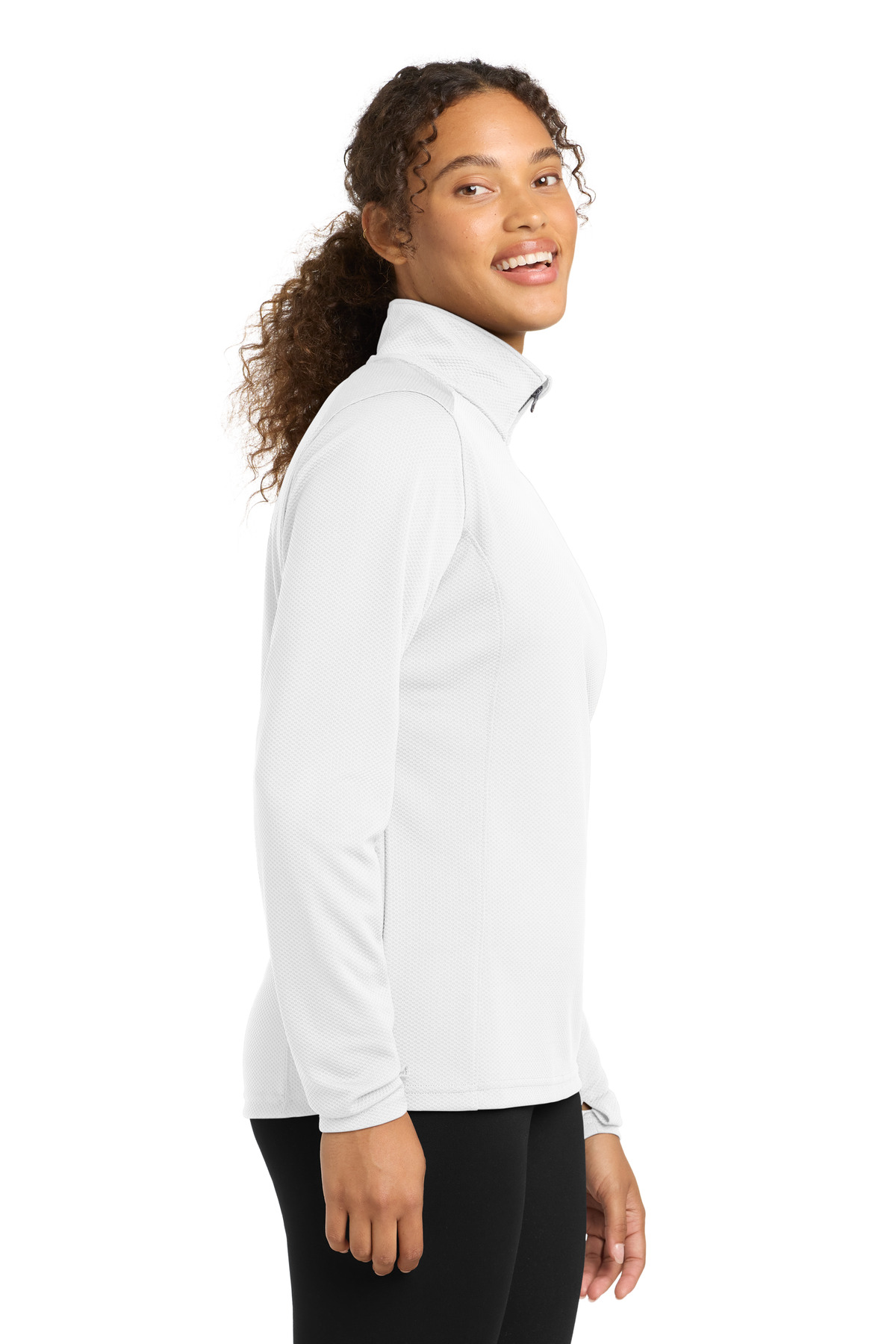 Sport-Tek Women's Sport-Wick Textured 1/4-Zip Pullover. LST860 in White — Left sleeve