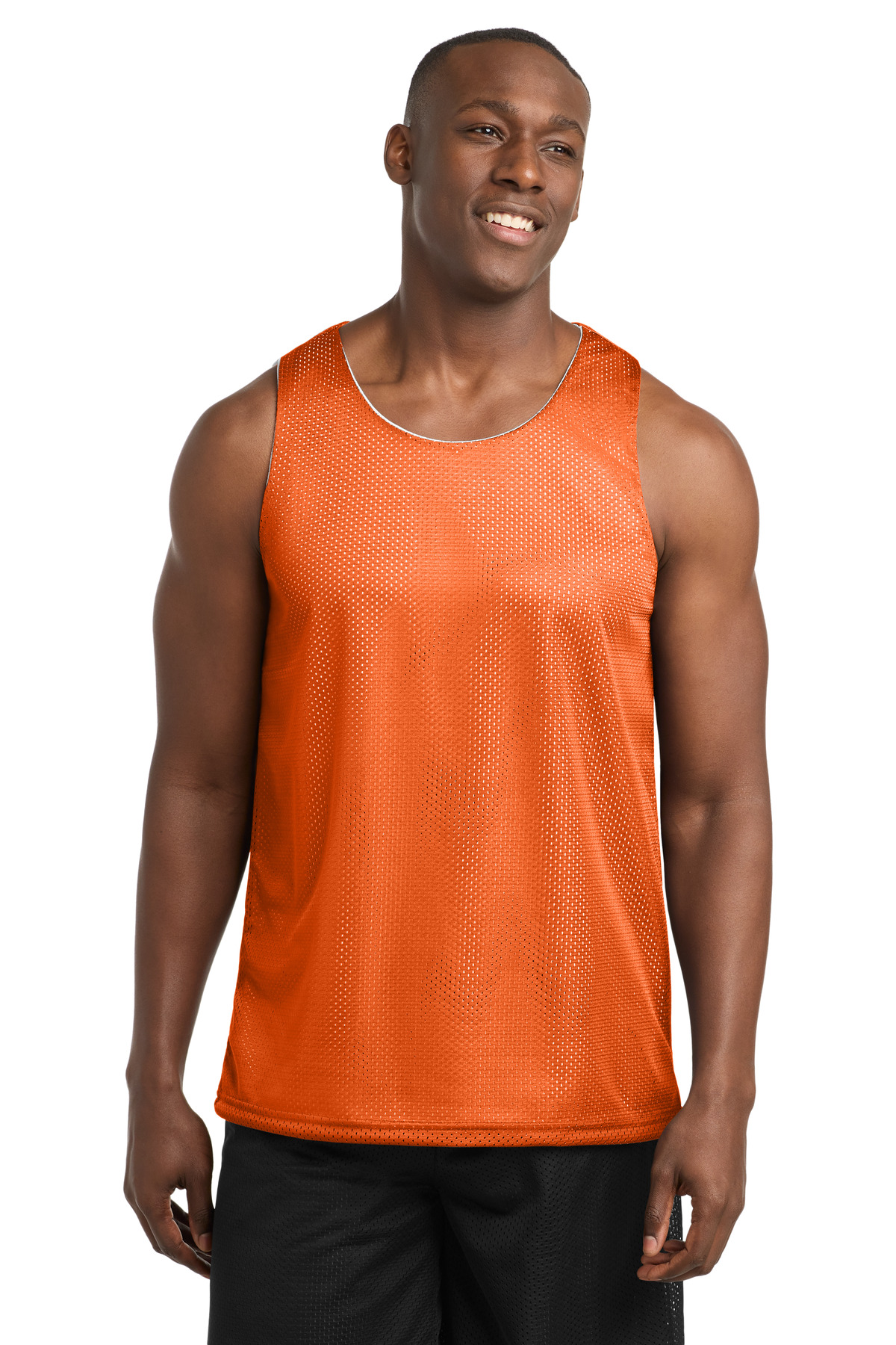 DISCONTINUED Sport-Tek PosiCharge Classic Mesh Reversible Tank. ST500 in Deep Orange/ White