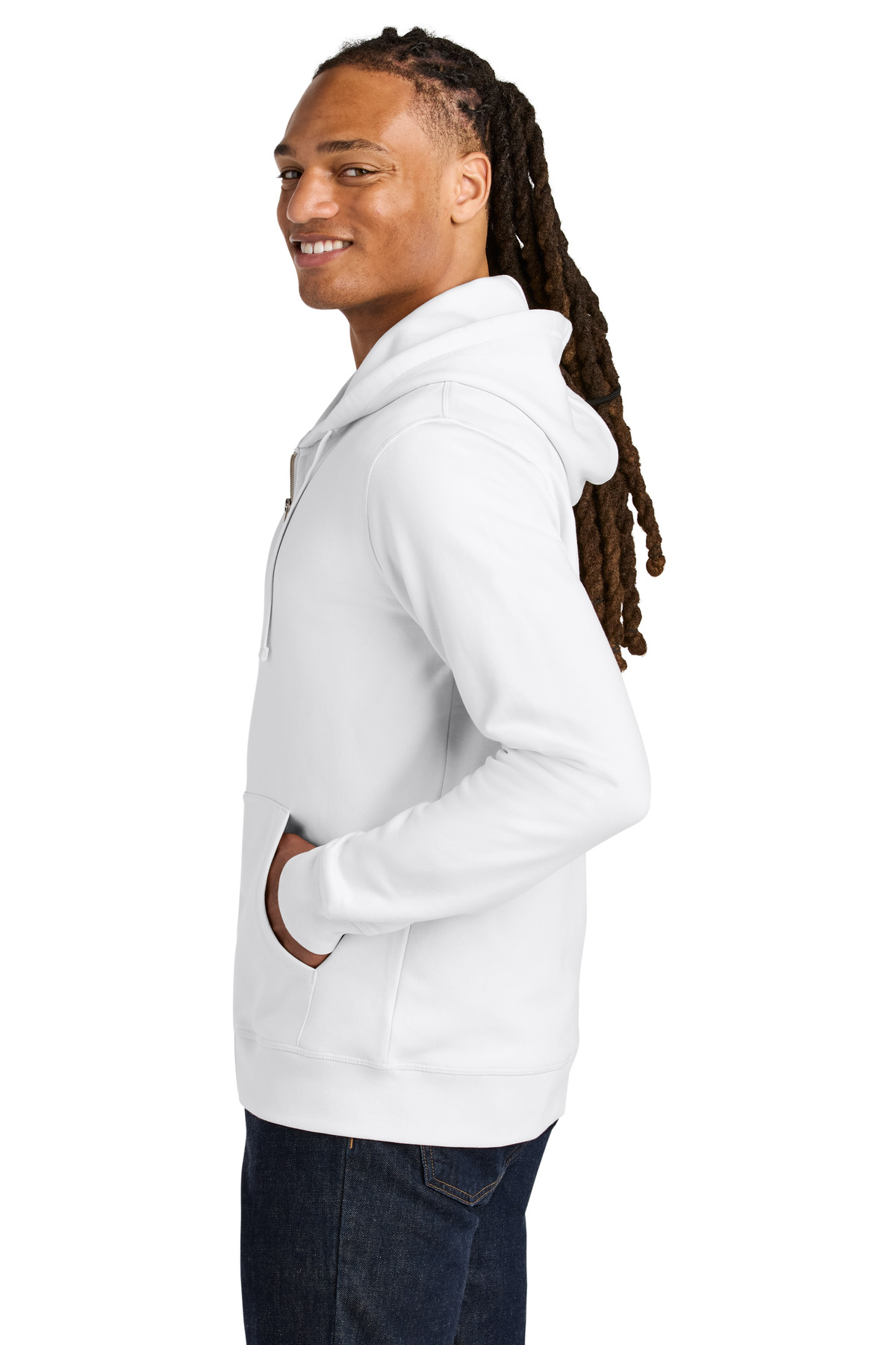 Stanley/Stella Unisex Mixer Full-Zip Hooded Sweatshirt SXU011 in White — Left sleeve