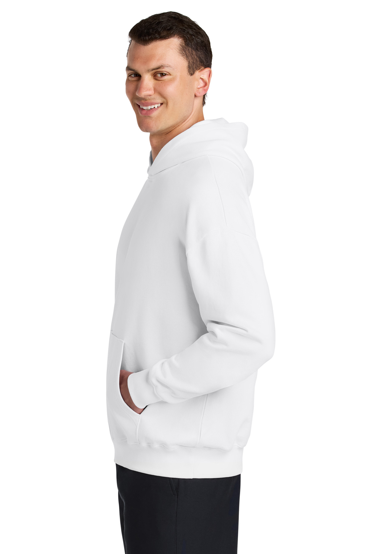 Stanley/Stella Unisex Cooper Dry Hooded Sweatshirt SXU028 in White — Left sleeve