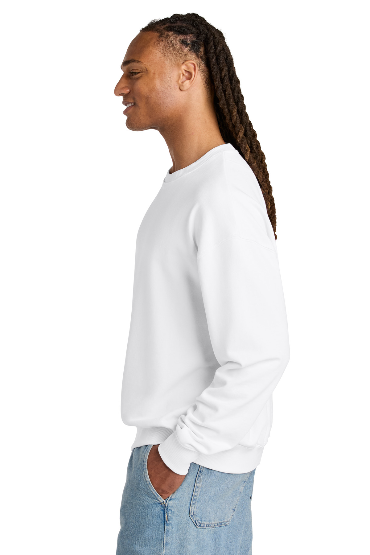 Stanley/Stella Unisex Ledger Dry Crewneck Sweatshirt SXU029 in White — Left sleeve