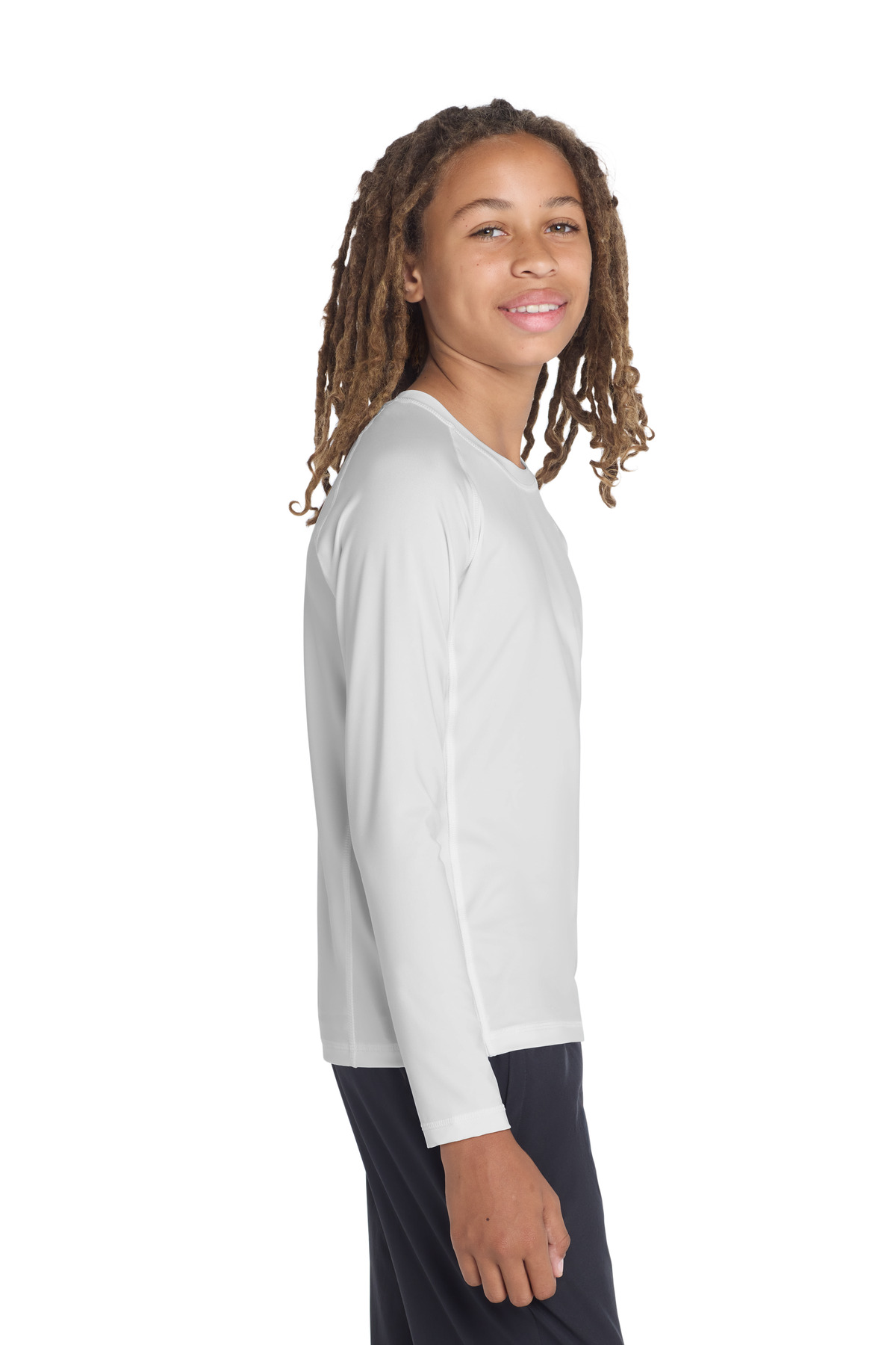 Sport-Tek Youth Long Sleeve Rashguard Tee. YST470LS in White — Left sleeve