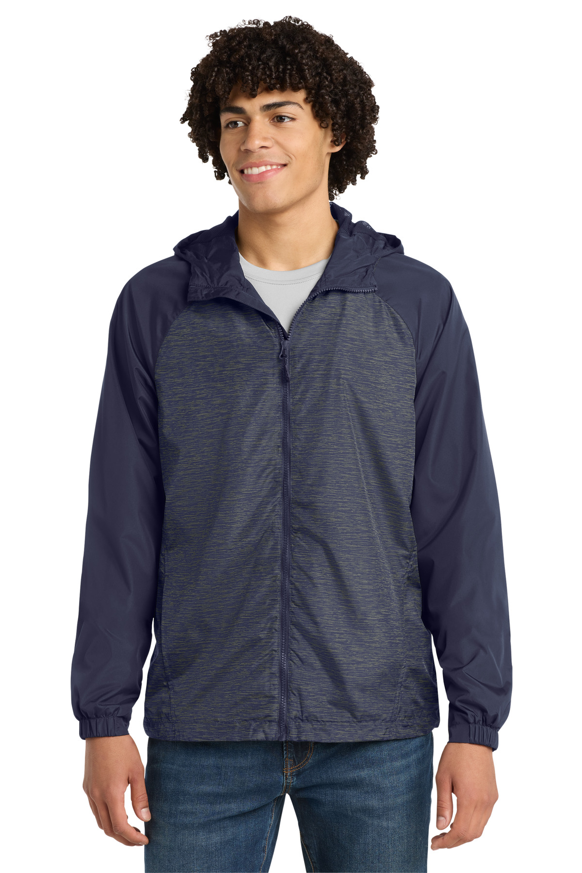  DISCONTINUED  Sport-Tek ┬«  Heather Colorblock Raglan Hooded Wind Jacket. JST40
