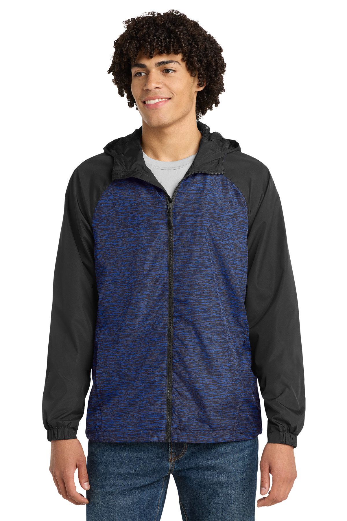 DISCONTINUED Sport-Tek Heather Colorblock Raglan Hooded Wind Jacket. JST40