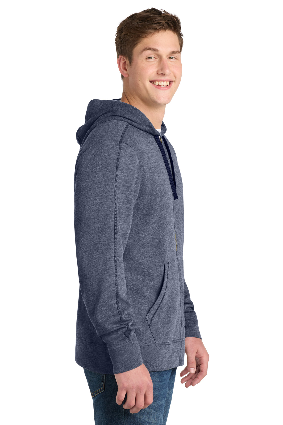 Sport-Tek PosiCharge Tri-Blend Wicking Fleece Full-Zip Hooded Jacket ST293 in True Navy Heather — Left sleeve