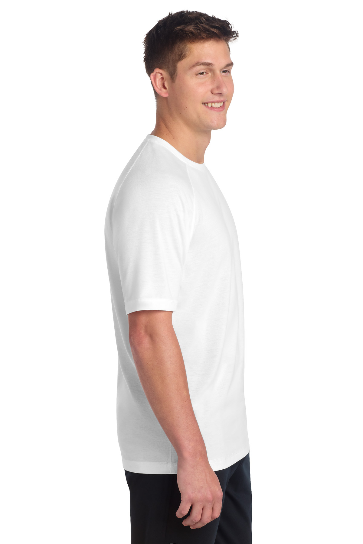 Sport-Tek PosiCharge Tri-Blend Wicking Raglan Tee. ST400 in White Triad Solid — Left sleeve