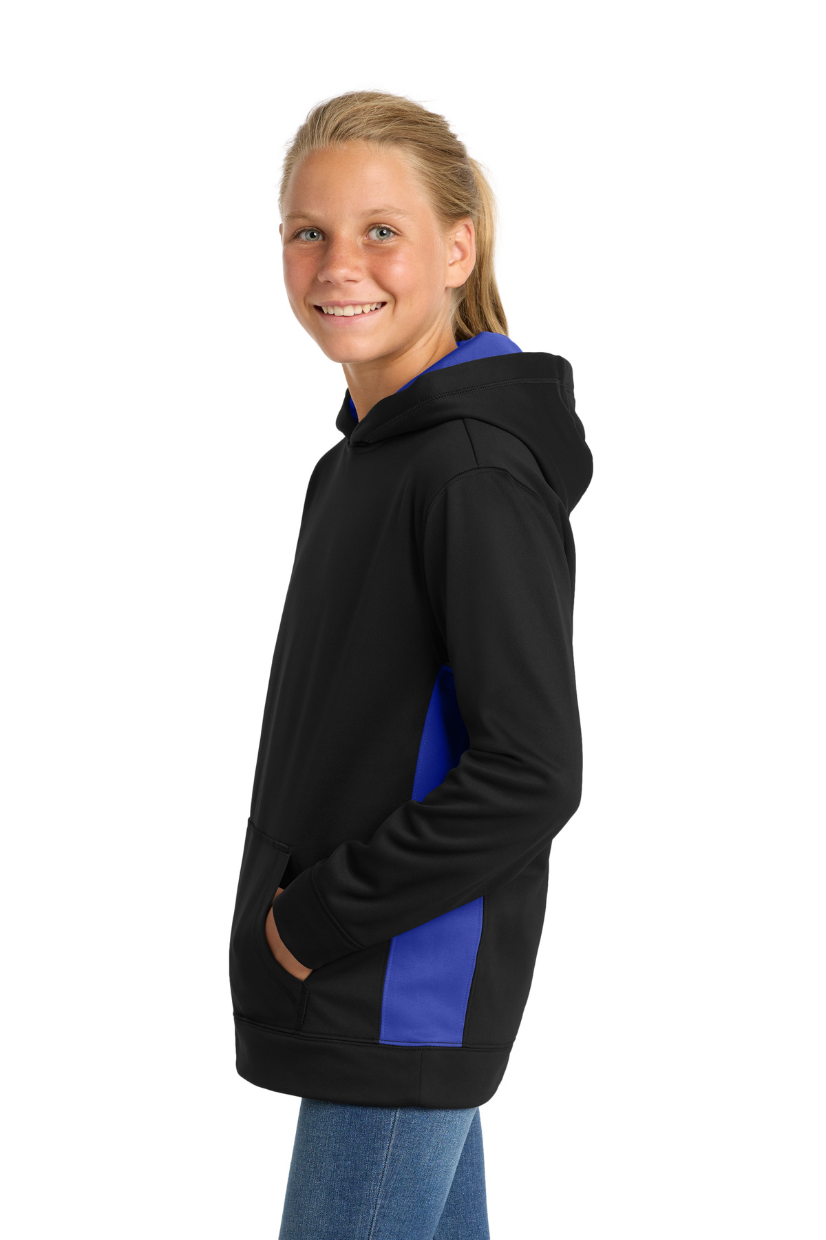 Sport-Tek Youth Sport-Wick Fleece Colorblock Hooded Pullover. YST235
