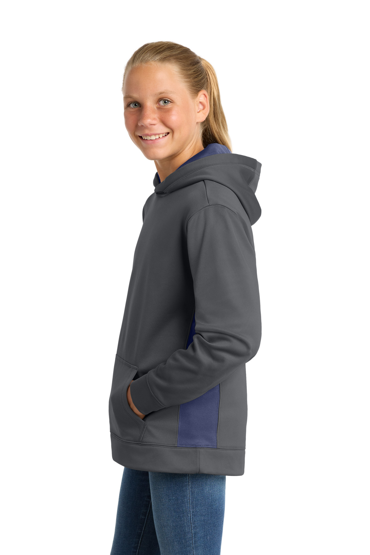 Sport-Tek Youth Sport-Wick Fleece Colorblock Hooded Pullover. YST235